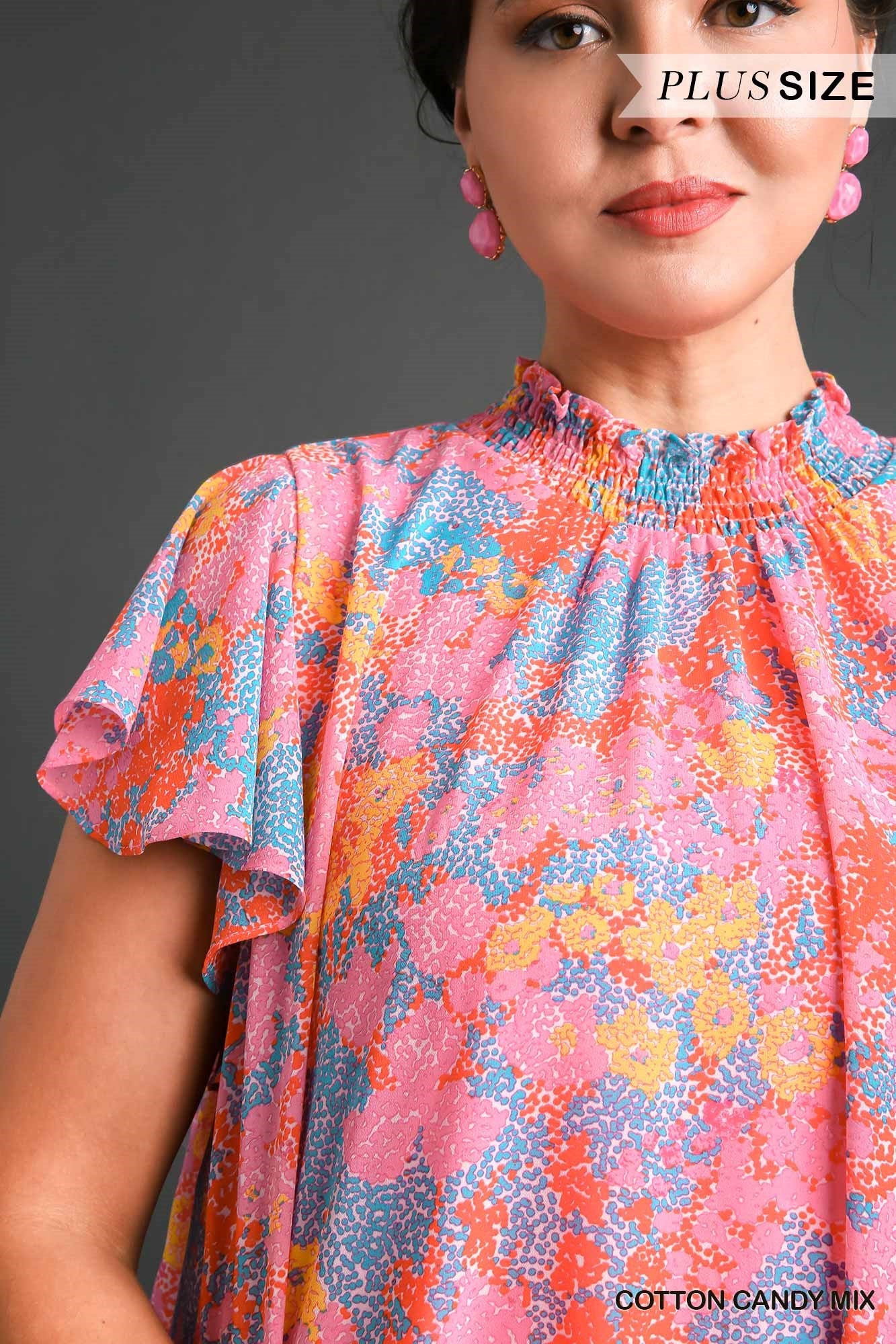 Umgee Plus Abstract Print Smocked Neck Chiffon Flutter Sleeves Dress