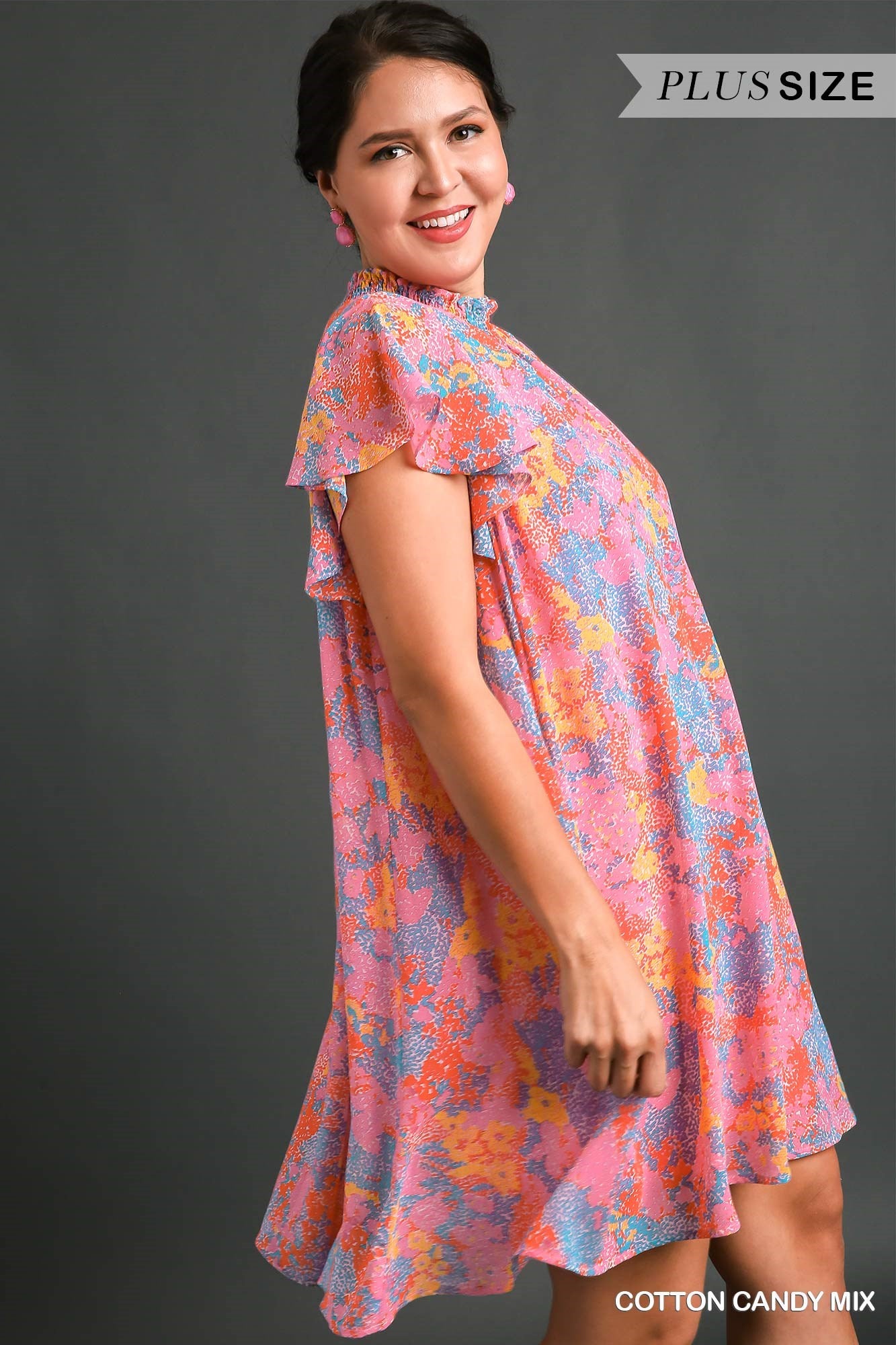 Umgee Plus Abstract Print Smocked Neck Chiffon Flutter Sleeves Dress