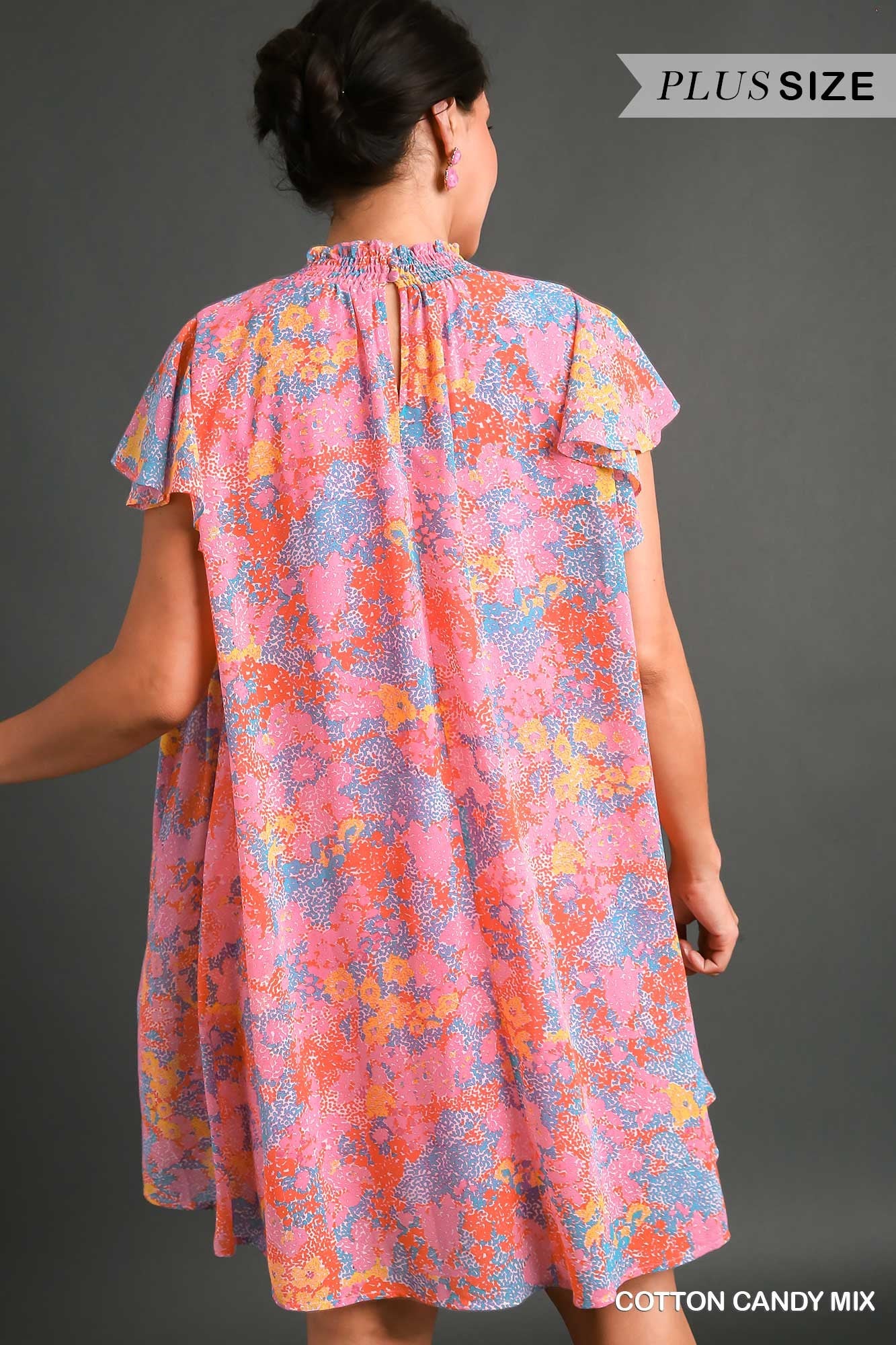 Umgee Plus Abstract Print Smocked Neck Chiffon Flutter Sleeves Dress