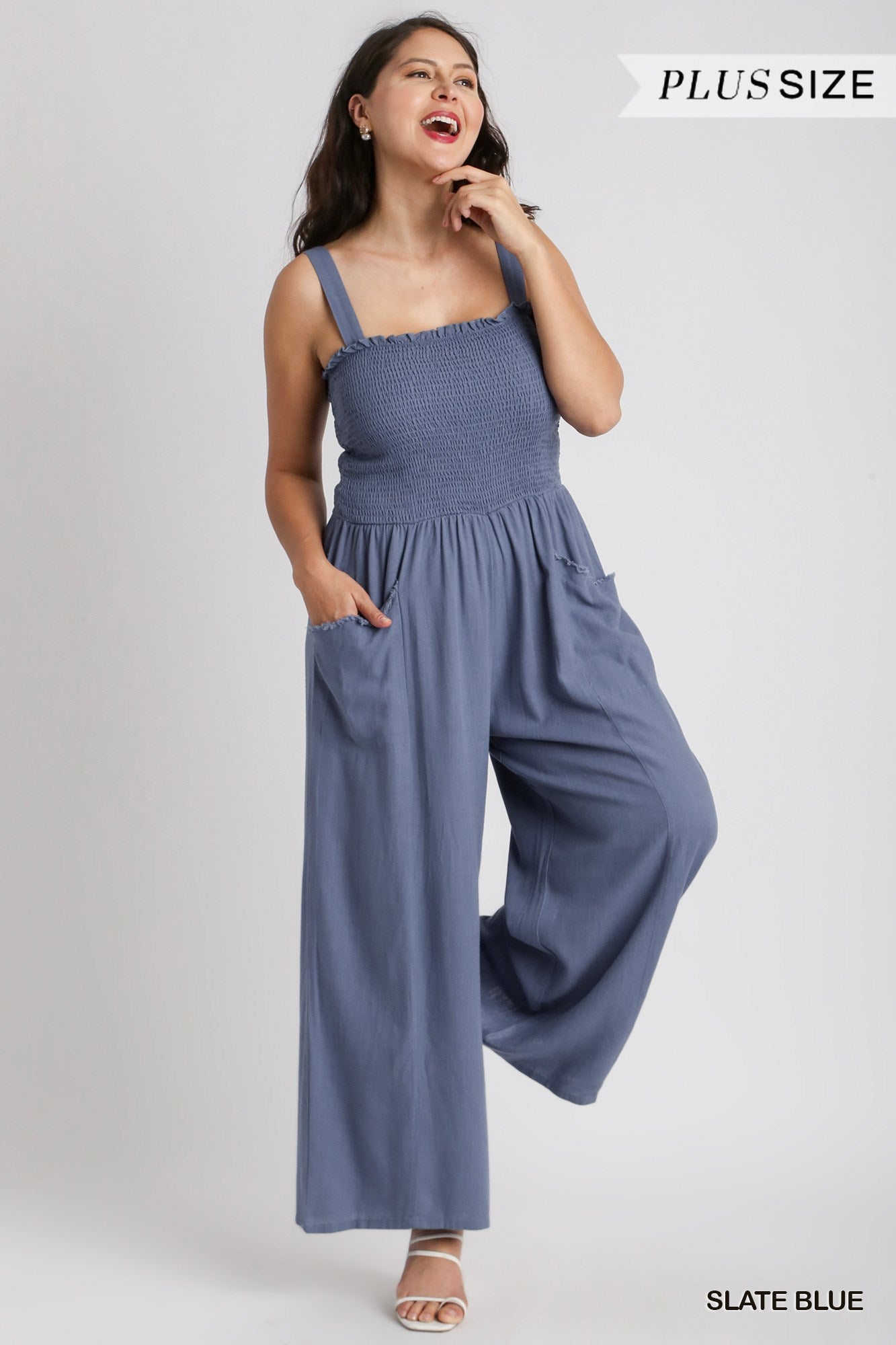 Umgee Plus Linen Blend Sleeveless Smocked Front Side Pockets Jumpsuit
