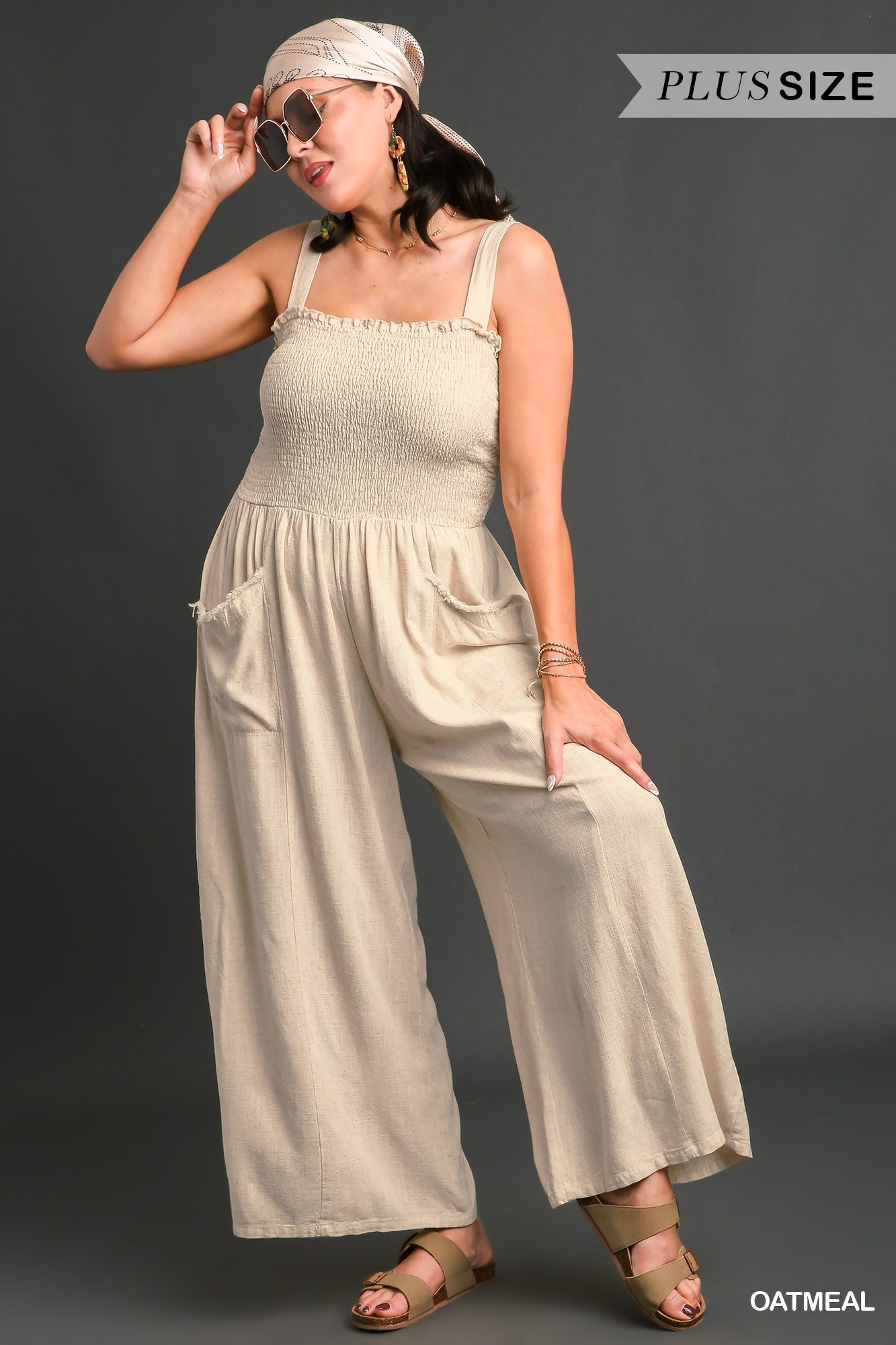 Umgee Plus Linen Blend Sleeveless Smocked Front Side Pockets Jumpsuit