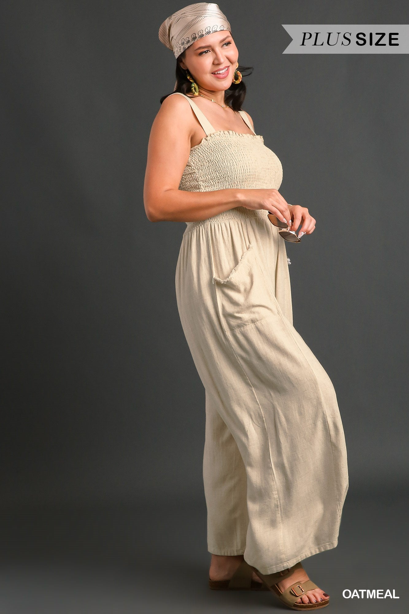 Umgee Plus Linen Blend Sleeveless Smocked Front Side Pockets Jumpsuit