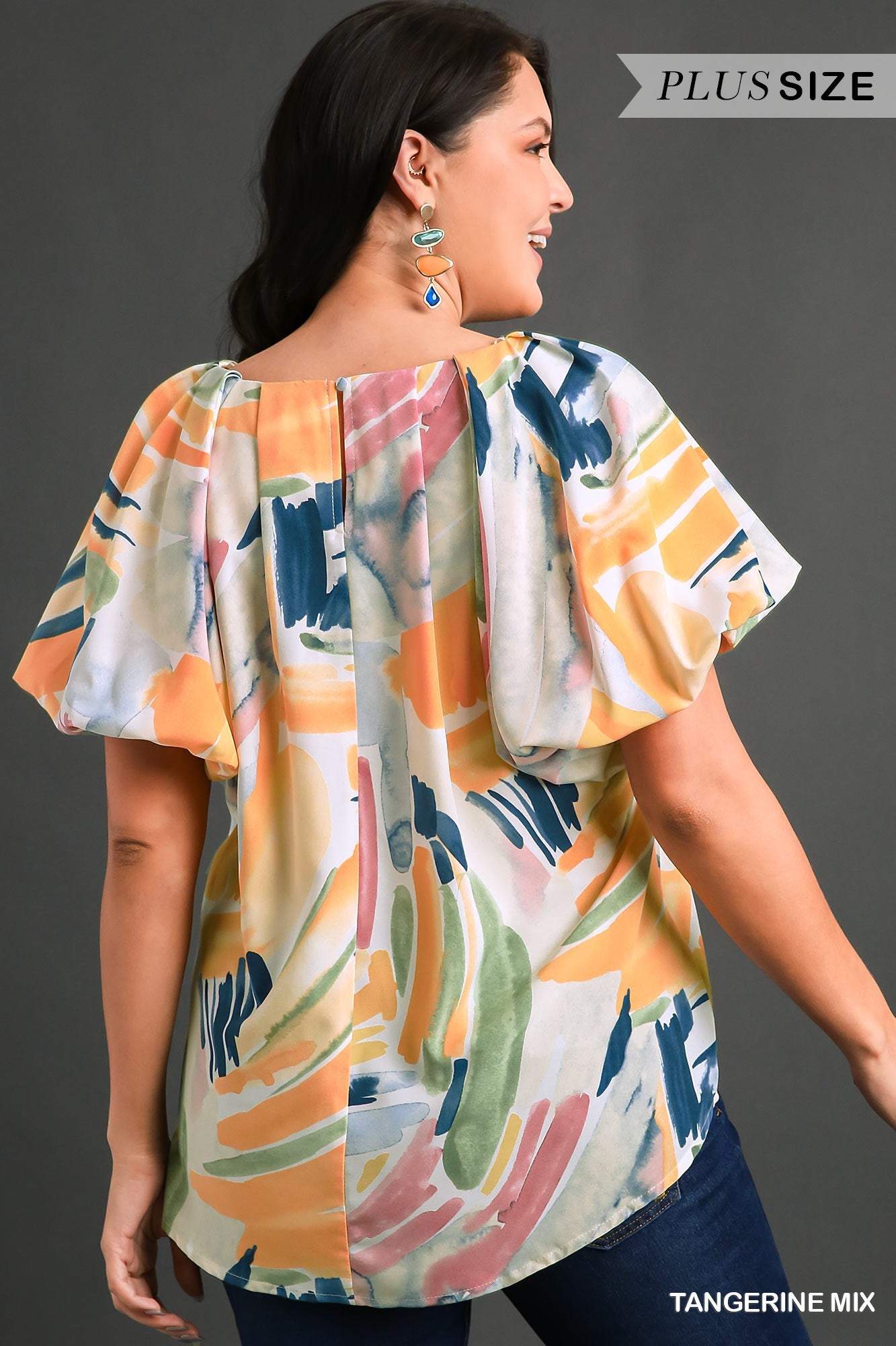 Umgee Plus Abstract Puff Sleeves Lining Top