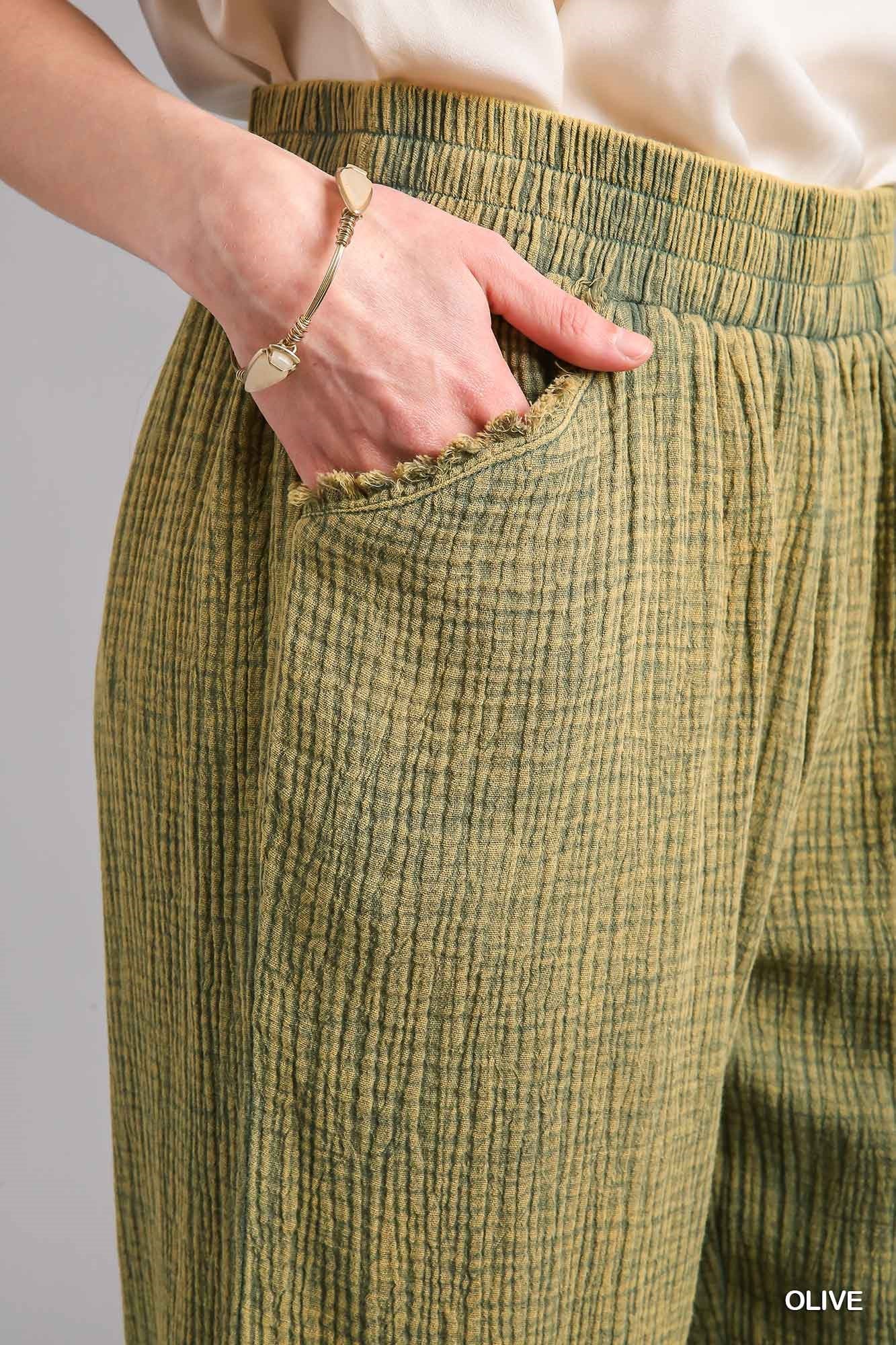 Umgee Mineral Wash Elastic Waistband Frayed Hem Side Pockets Pants