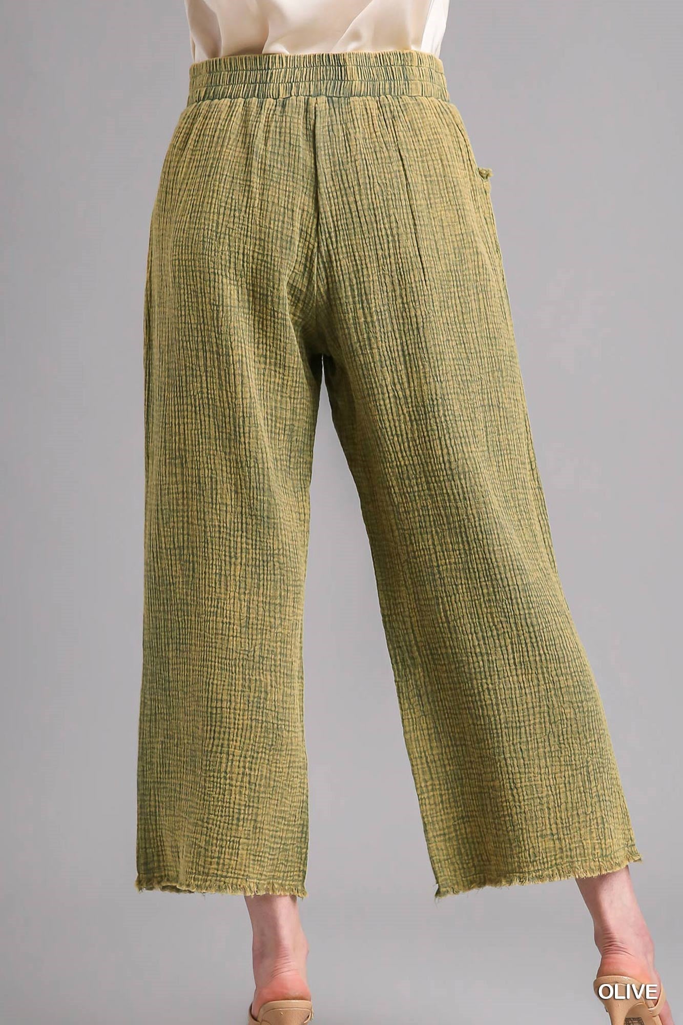 Umgee Mineral Wash Elastic Waistband Frayed Hem Side Pockets Pants