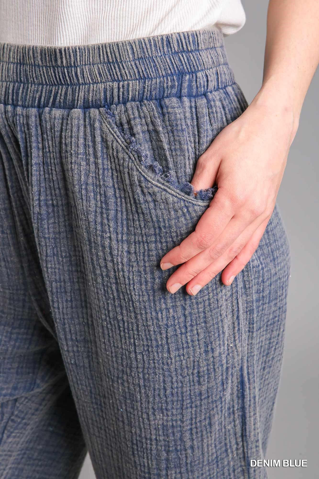 Umgee Mineral Wash Elastic Waistband Frayed Hem Side Pockets Pants