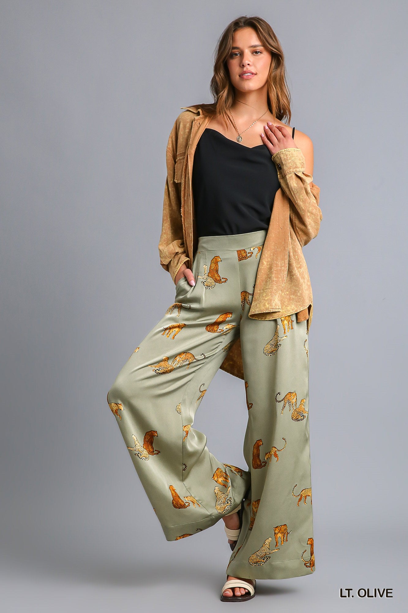Umgee Satin Animal Print Pin-Tuck Wide Leg Side Pockets Pants