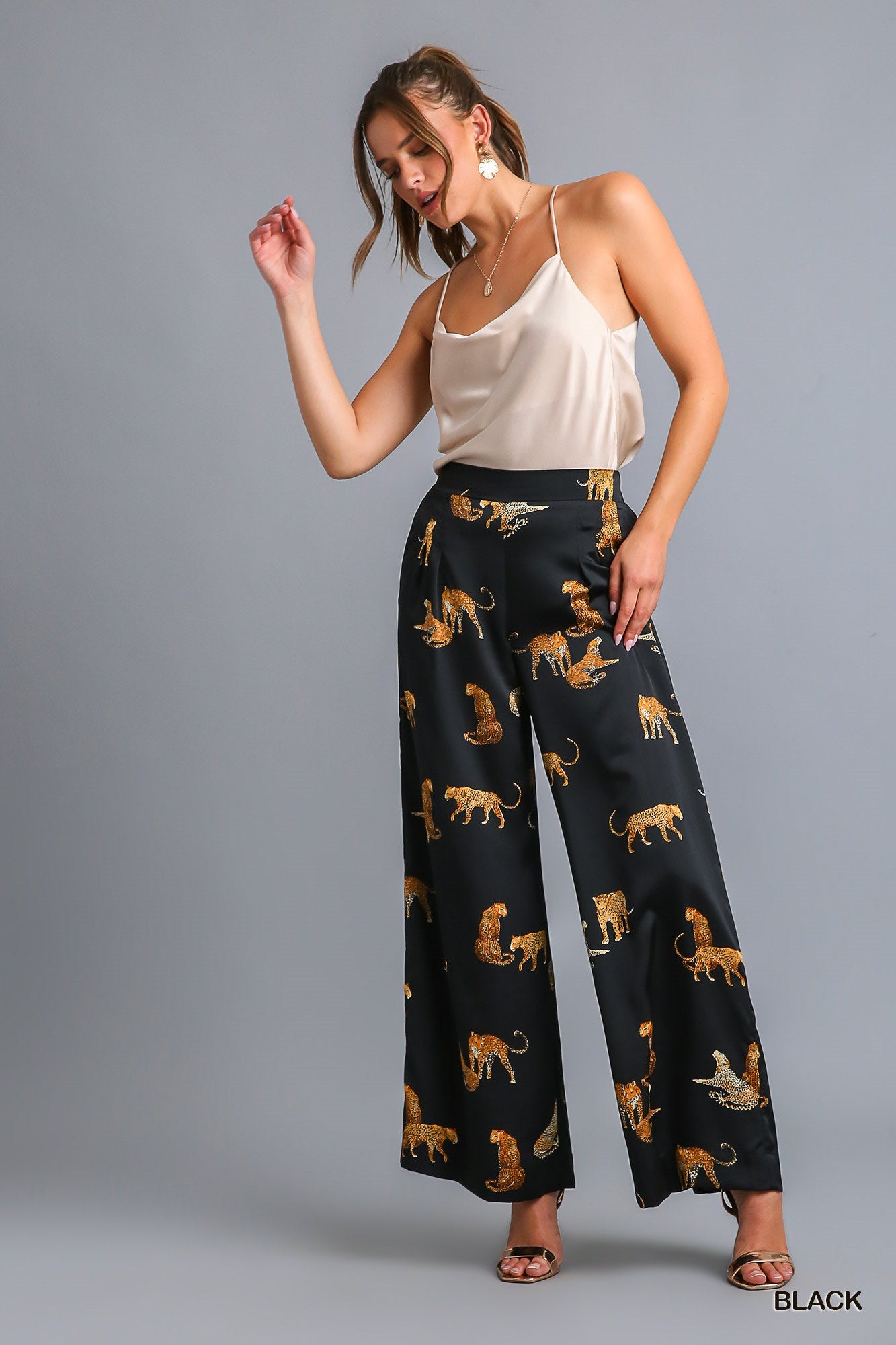 Umgee Satin Animal Print Pin-Tuck Wide Leg Side Pockets Pants