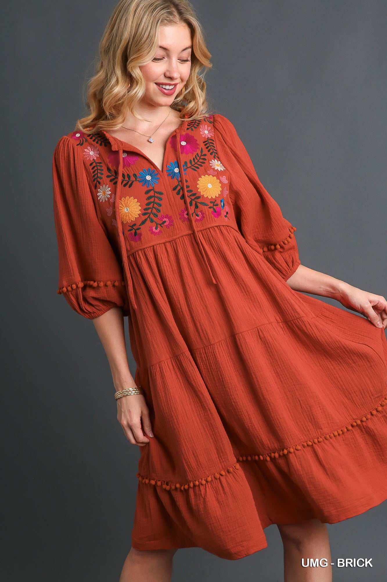 Umgee Cotton Gauze Floral Embroidery Tiered Pom Pom Details Dress - Roulhac Fashion Boutique