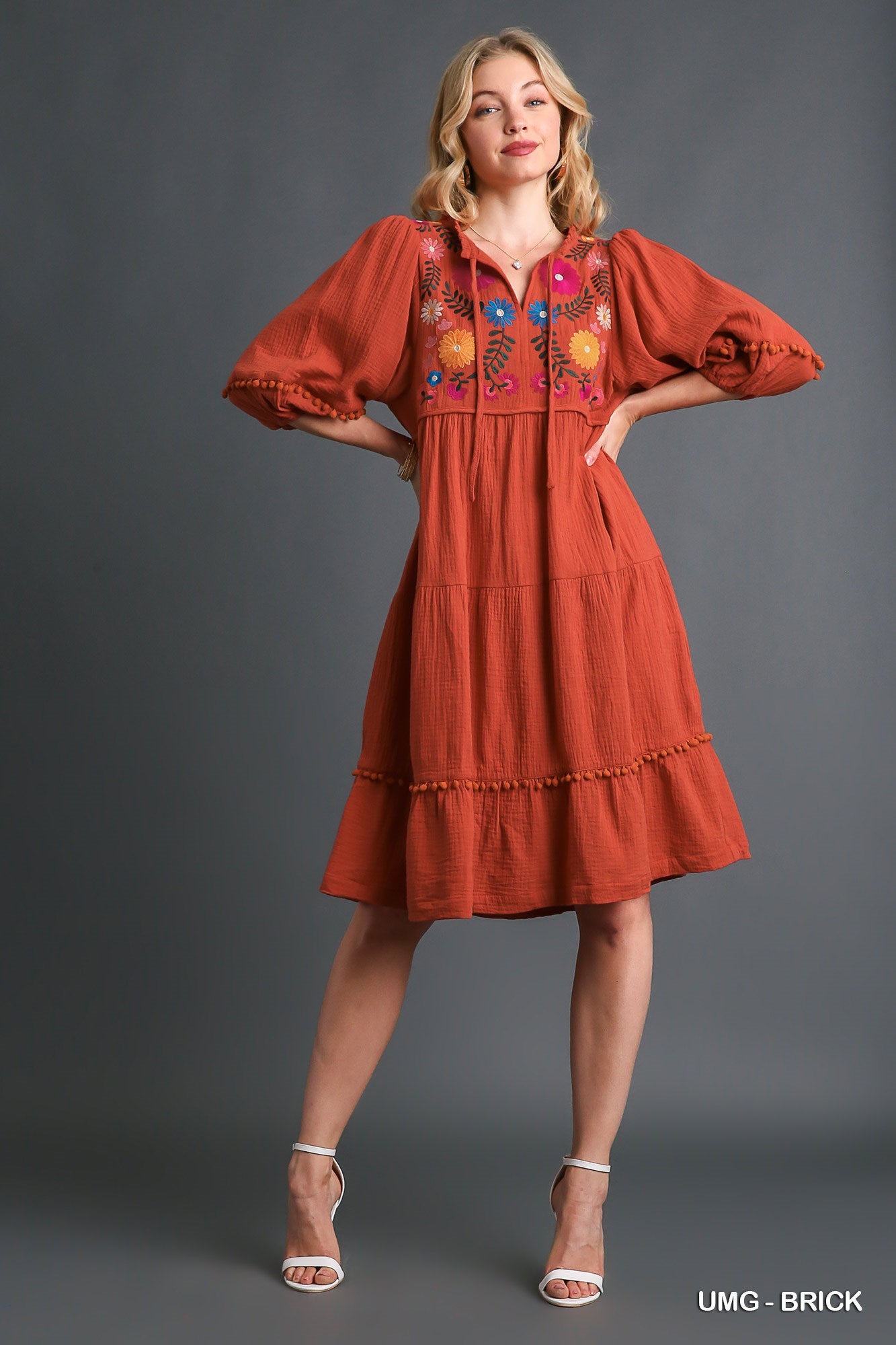 Umgee Cotton Gauze Floral Embroidery Tiered Pom Pom Details Dress - Roulhac Fashion Boutique