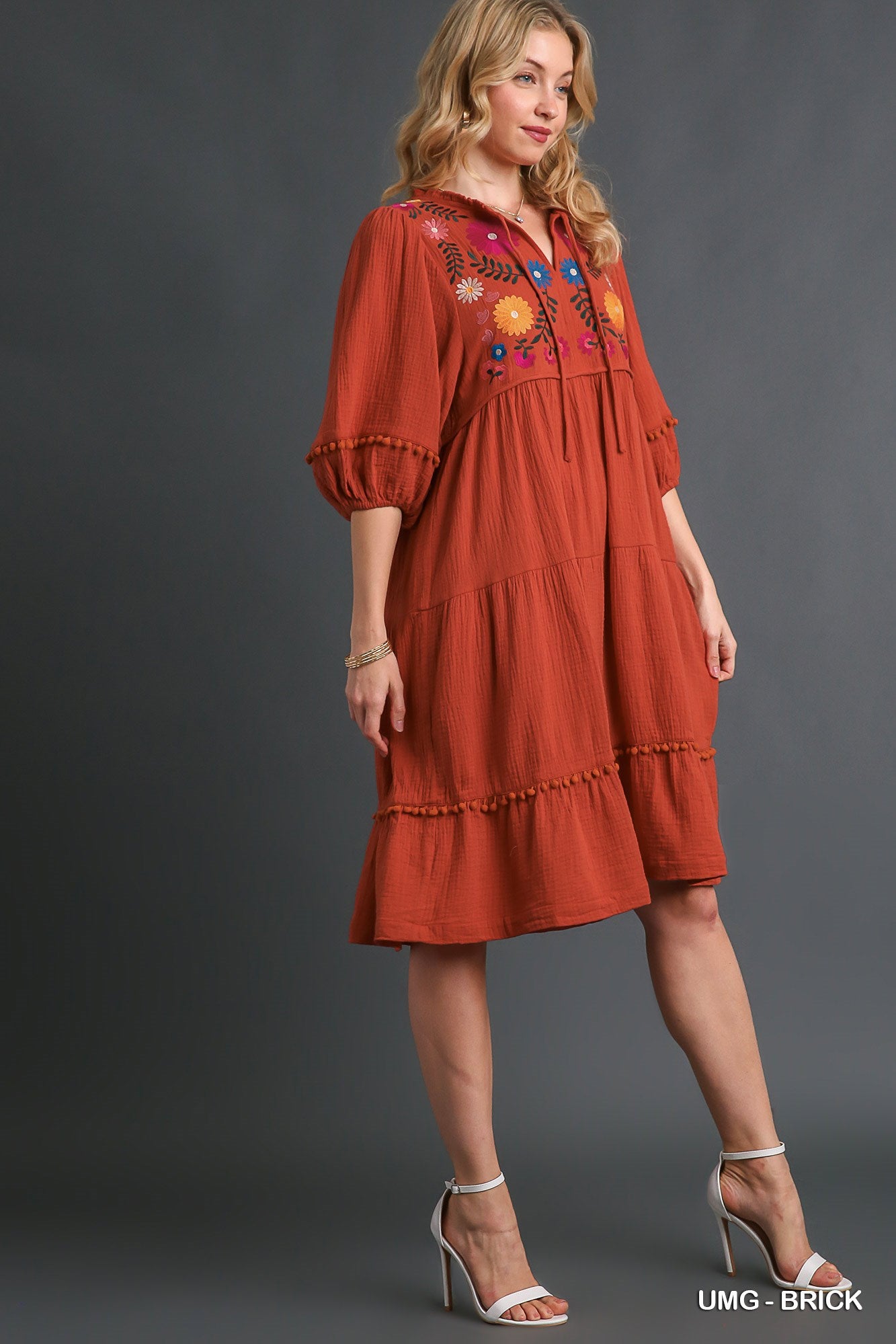 Umgee Cotton Gauze Floral Embroidery Tiered Pom Pom Details Dress - Roulhac Fashion Boutique