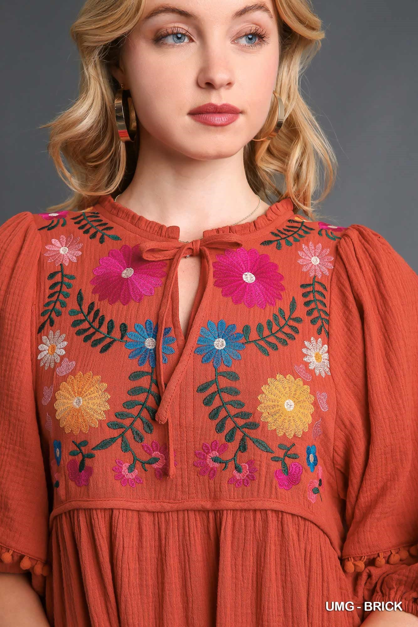 Umgee Cotton Gauze Floral Embroidery Tiered Pom Pom Details Dress - Roulhac Fashion Boutique