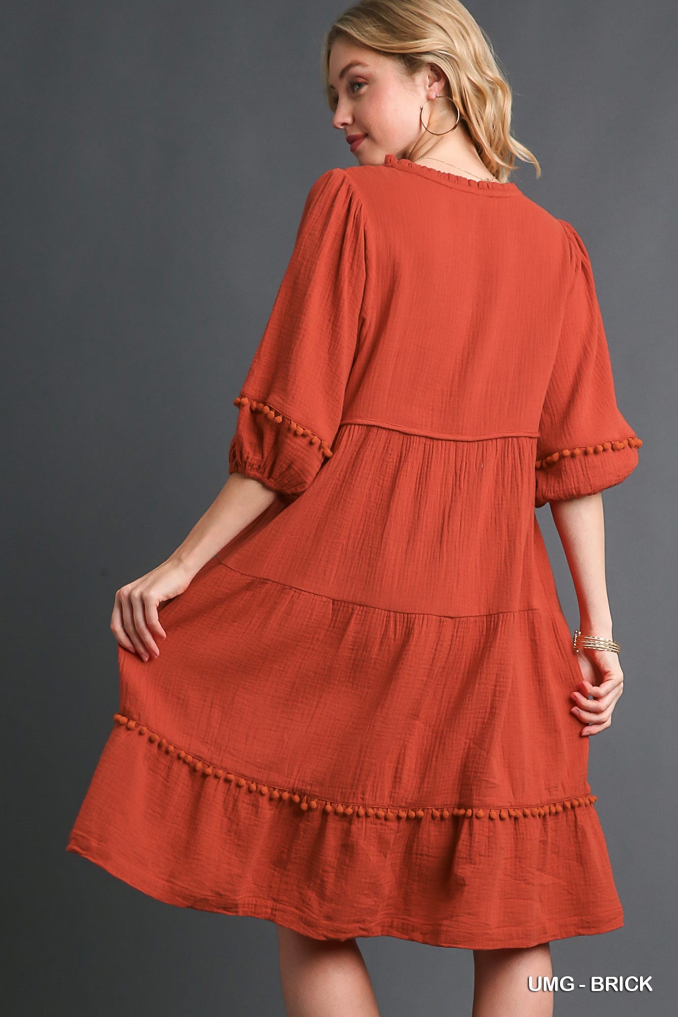 Umgee Cotton Gauze Floral Embroidery Tiered Pom Pom Details Dress - Roulhac Fashion Boutique