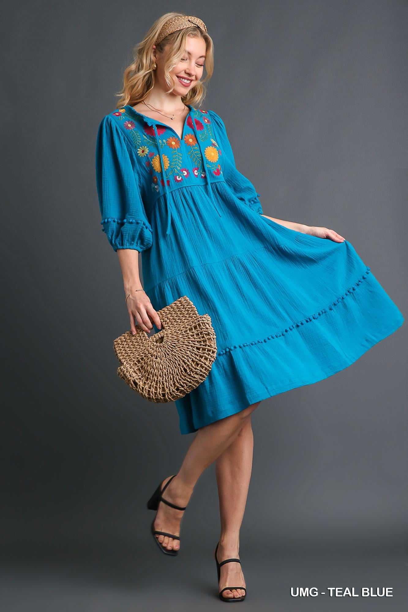 Umgee Cotton Gauze Floral Embroidery Tiered Pom Pom Details Dress - Roulhac Fashion Boutique