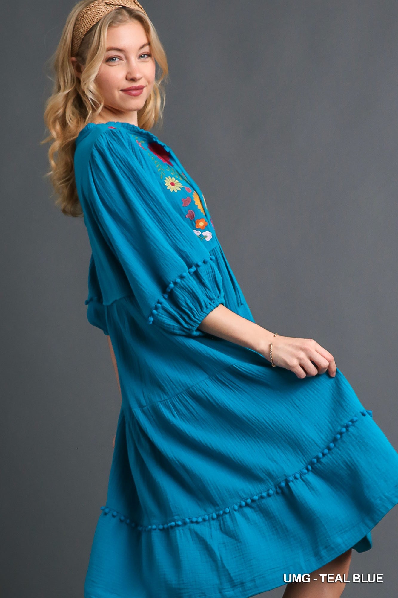 Umgee Cotton Gauze Floral Embroidery Tiered Pom Pom Details Dress - Roulhac Fashion Boutique