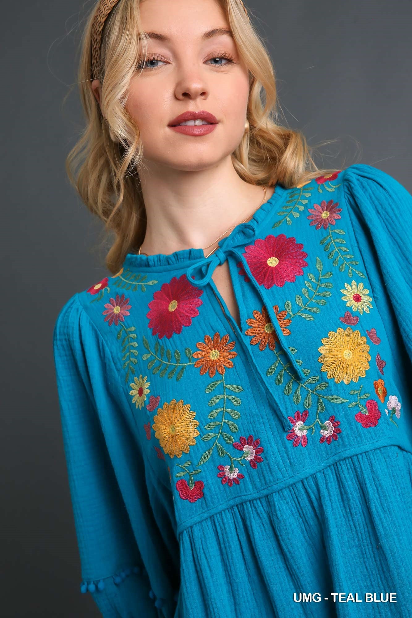 Umgee Cotton Gauze Floral Embroidery Tiered Pom Pom Details Dress - Roulhac Fashion Boutique