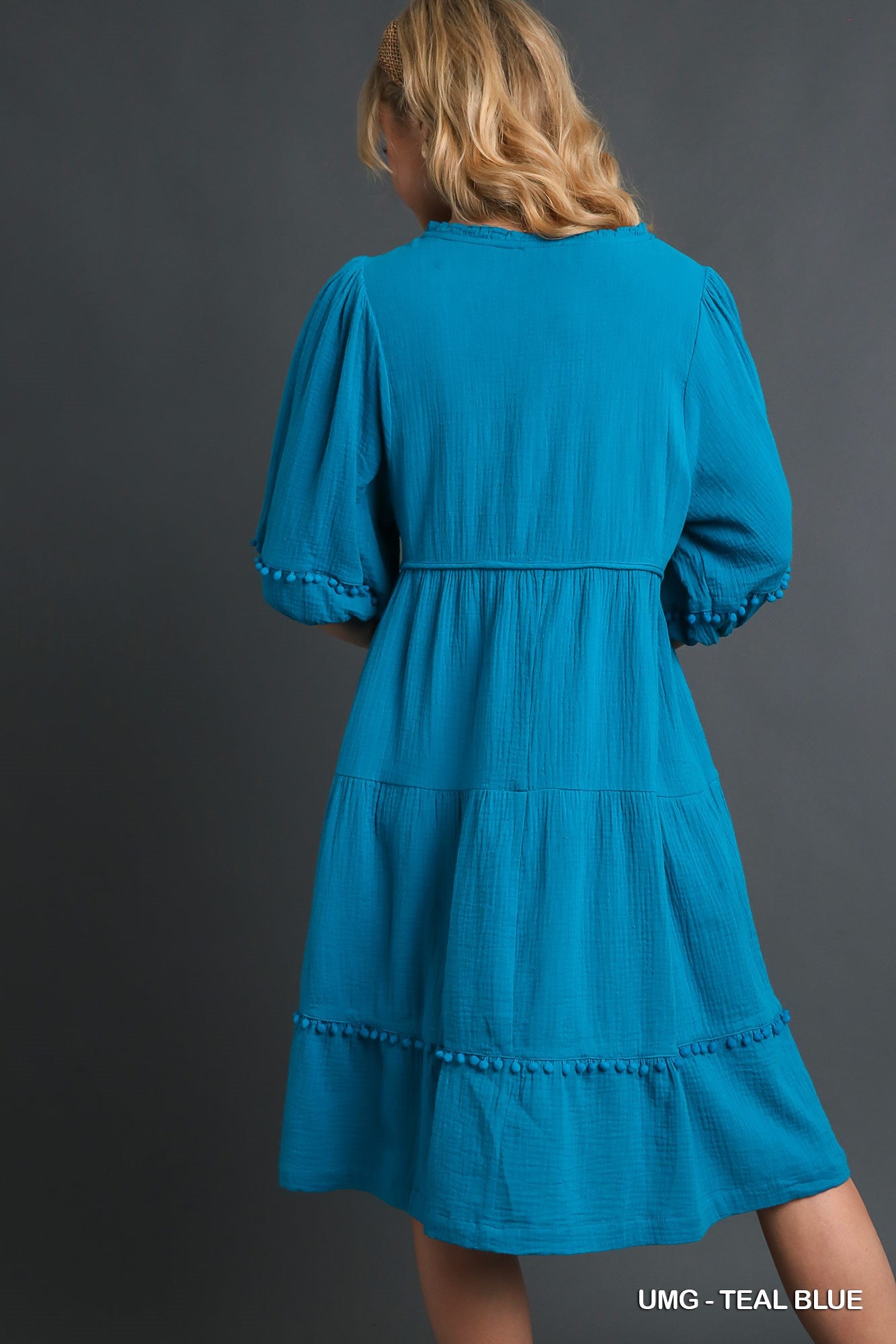 Umgee Cotton Gauze Floral Embroidery Tiered Pom Pom Details Dress - Roulhac Fashion Boutique