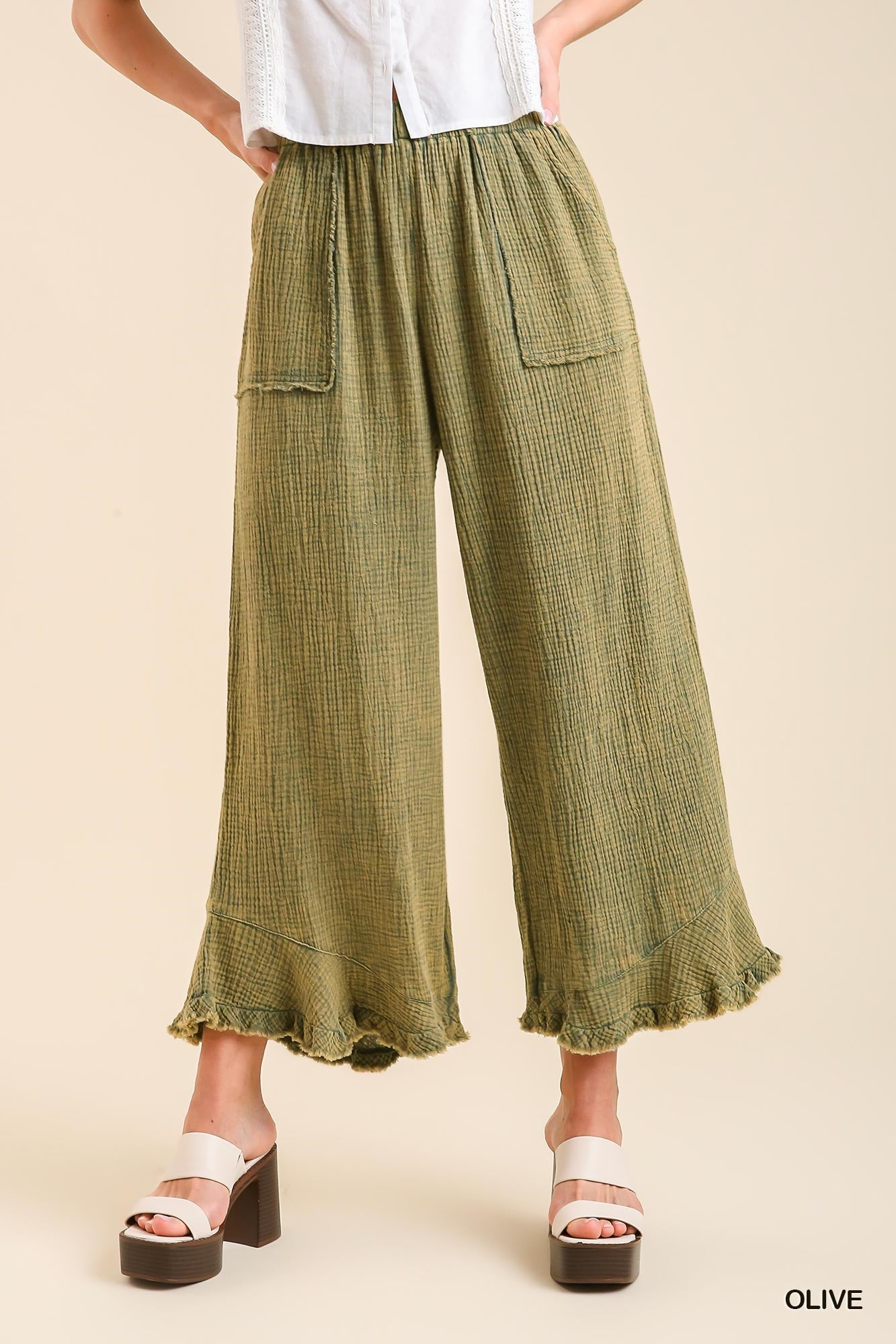 Umgee Mineral Wash Cotton Gauze Ruffle Trim Side Pockets Pants