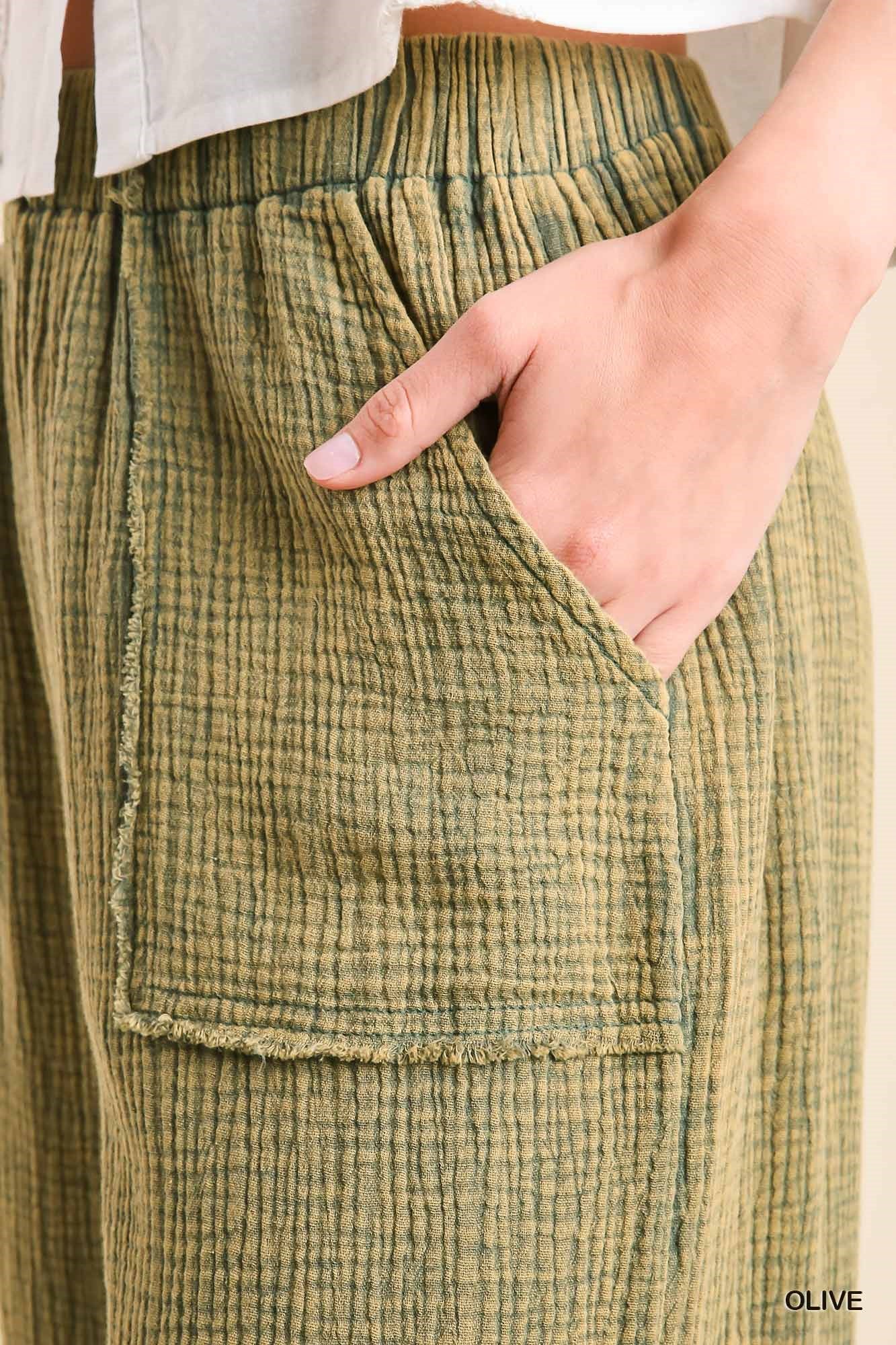 Umgee Mineral Wash Cotton Gauze Ruffle Trim Side Pockets Pants