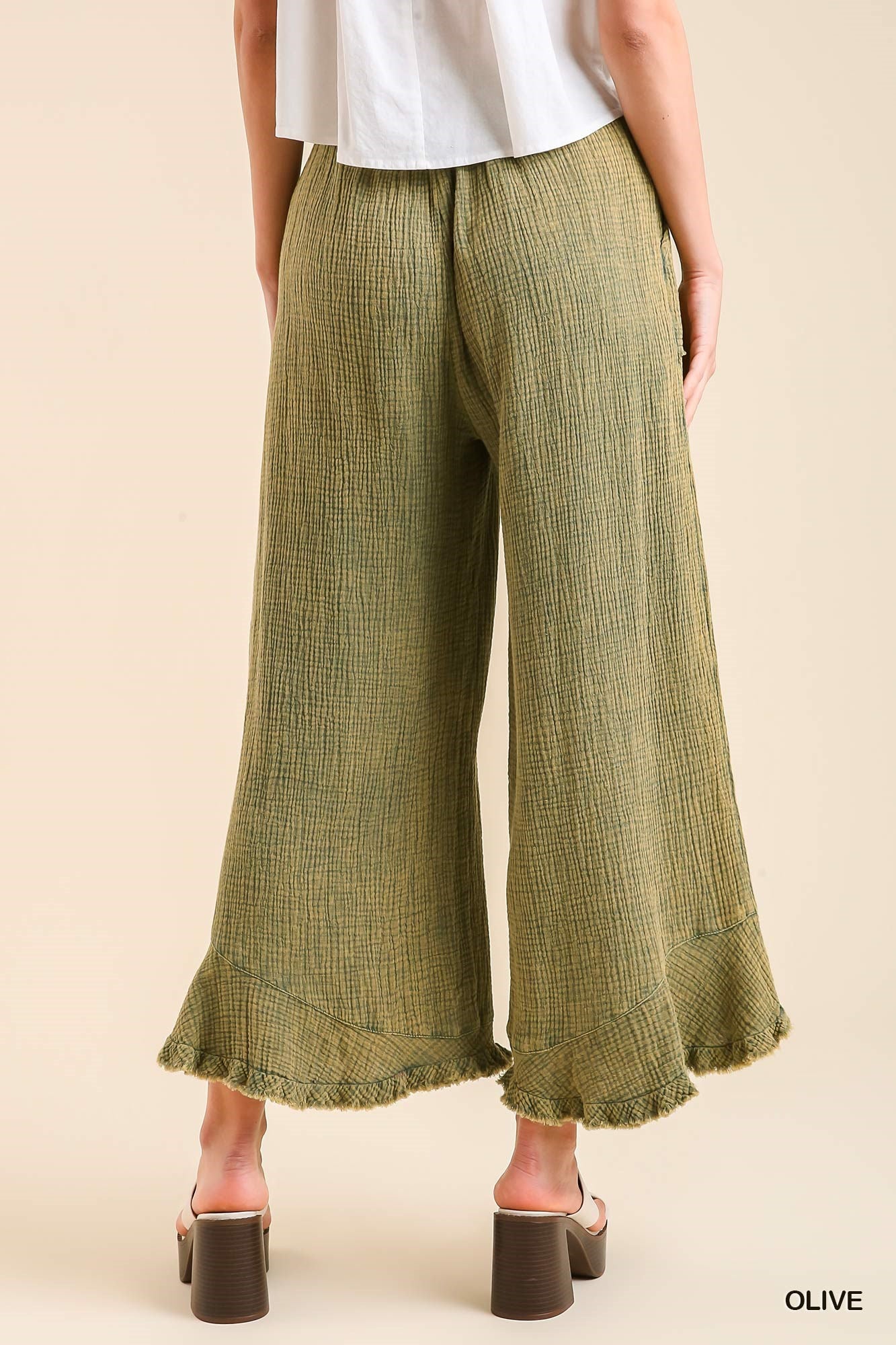 Umgee Mineral Wash Cotton Gauze Ruffle Trim Side Pockets Pants