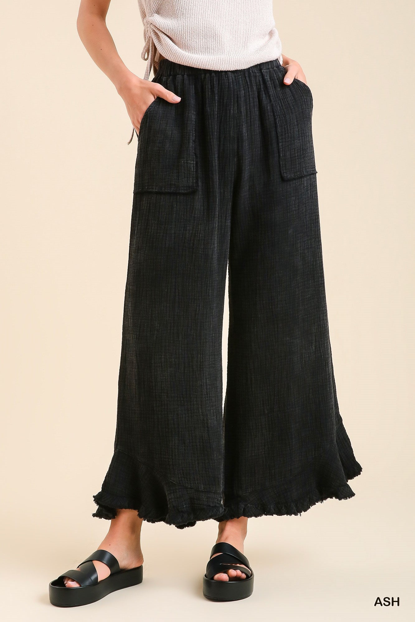 Umgee Mineral Wash Cotton Gauze Ruffle Trim Side Pockets Pants