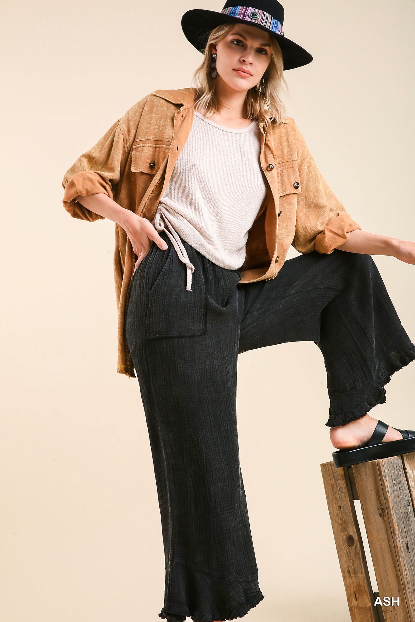 Umgee Mineral Wash Cotton Gauze Ruffle Trim Side Pockets Pants