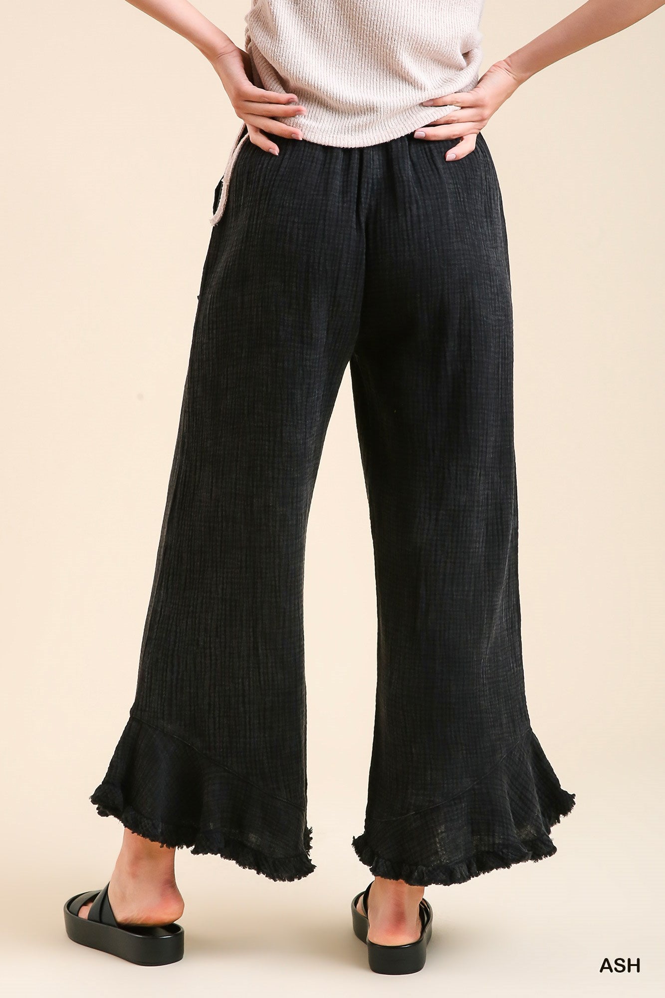 Umgee Mineral Wash Cotton Gauze Ruffle Trim Side Pockets Pants