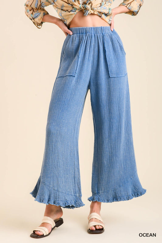 Umgee Mineral Wash Cotton Gauze Ruffle Trim Side Pockets Pants