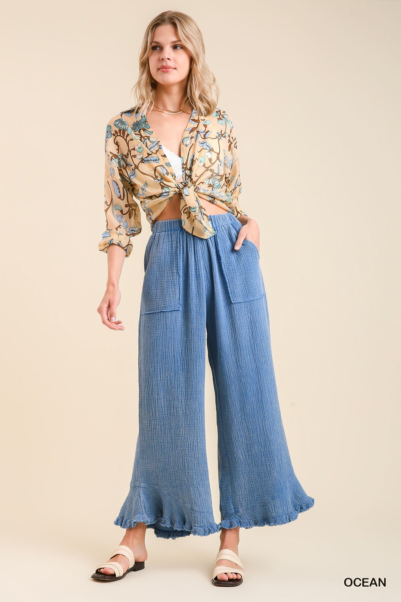Umgee Mineral Wash Cotton Gauze Ruffle Trim Side Pockets Pants