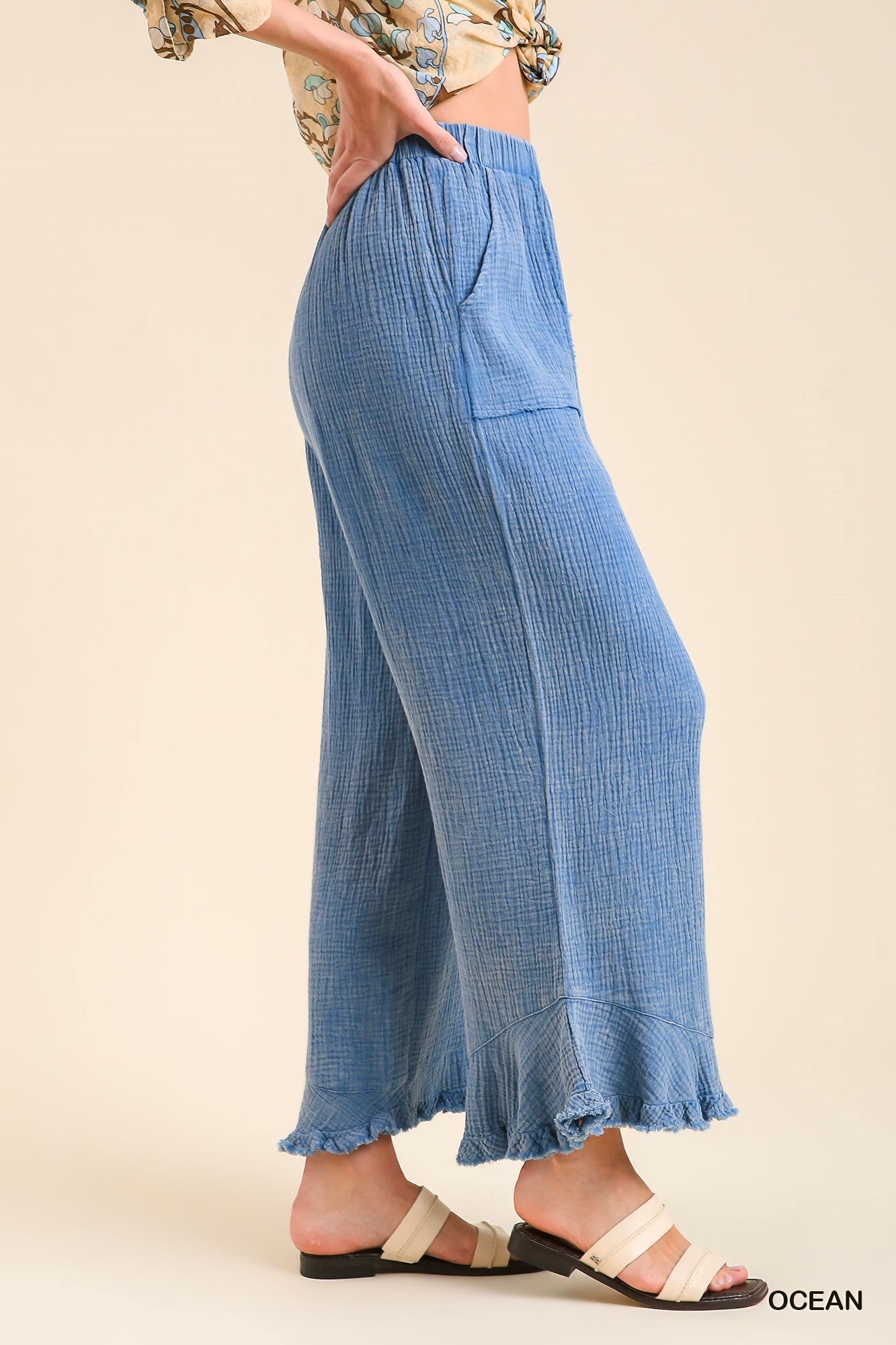 Umgee Mineral Wash Cotton Gauze Ruffle Trim Side Pockets Pants