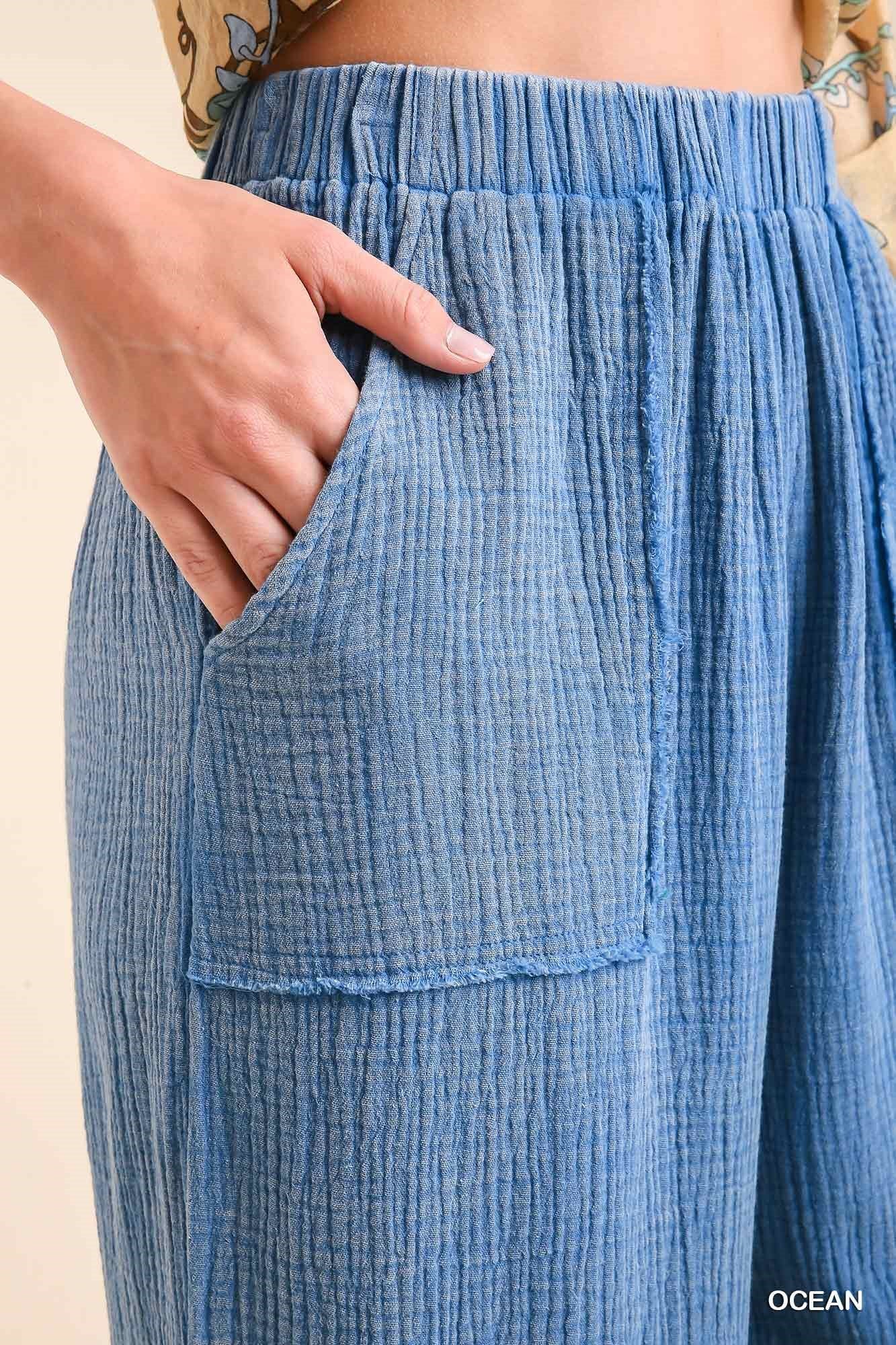 Umgee Mineral Wash Cotton Gauze Ruffle Trim Side Pockets Pants