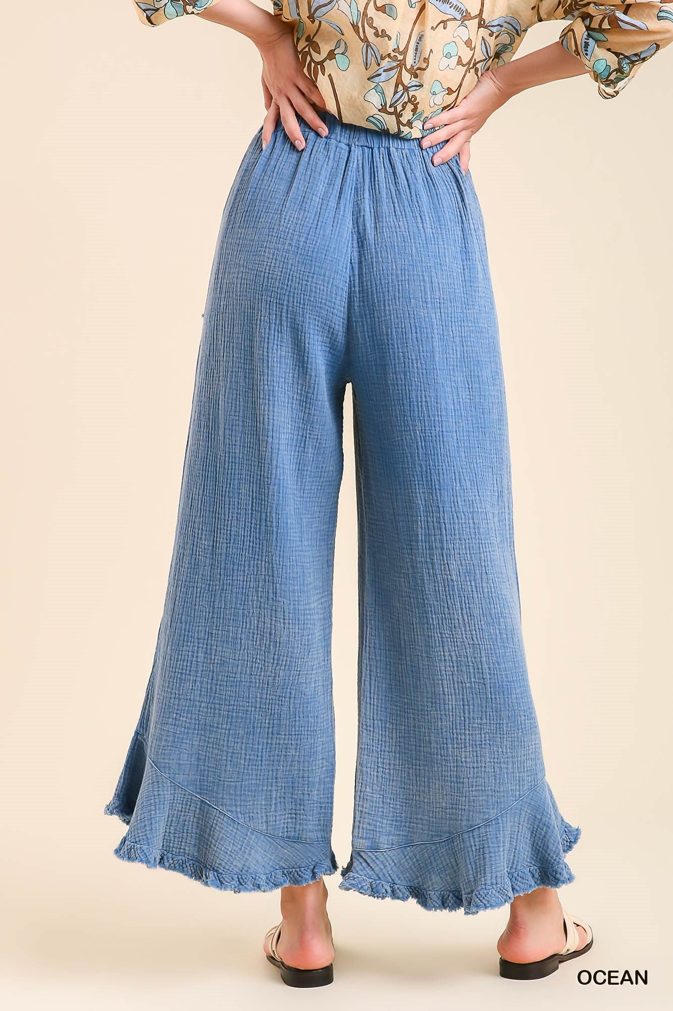 Umgee Mineral Wash Cotton Gauze Ruffle Trim Side Pockets Pants