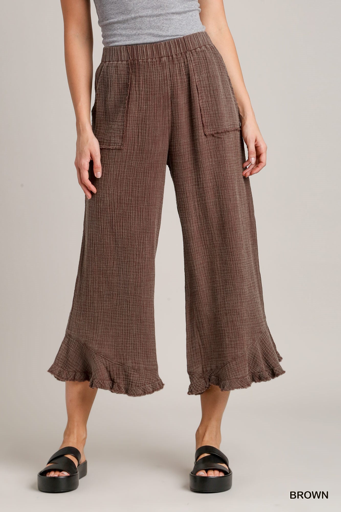 Umgee Mineral Wash Cotton Gauze Ruffle Trim Side Pockets Pants
