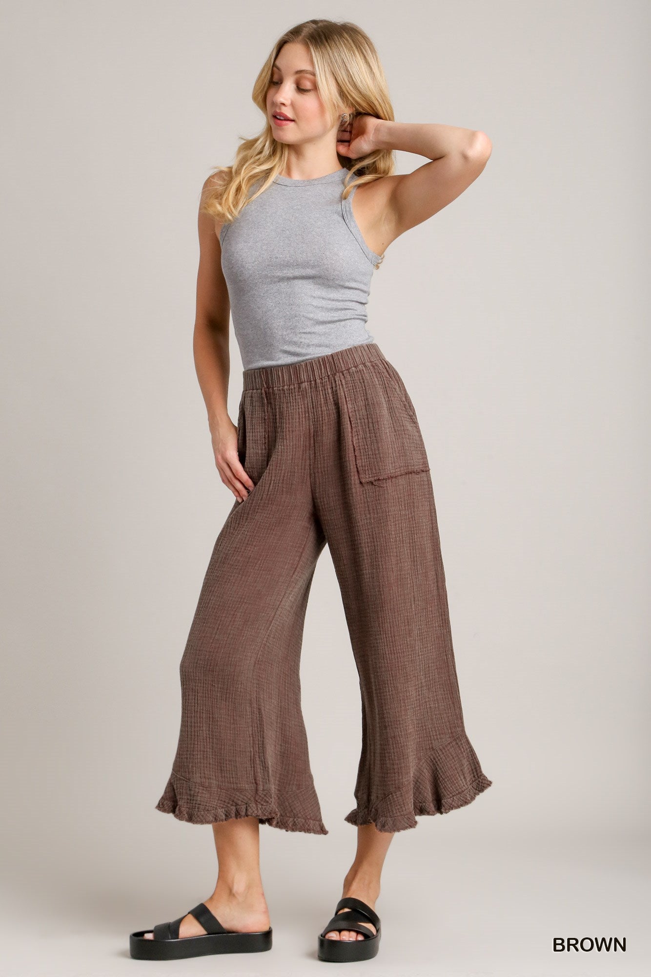 Umgee Mineral Wash Cotton Gauze Ruffle Trim Side Pockets Pants