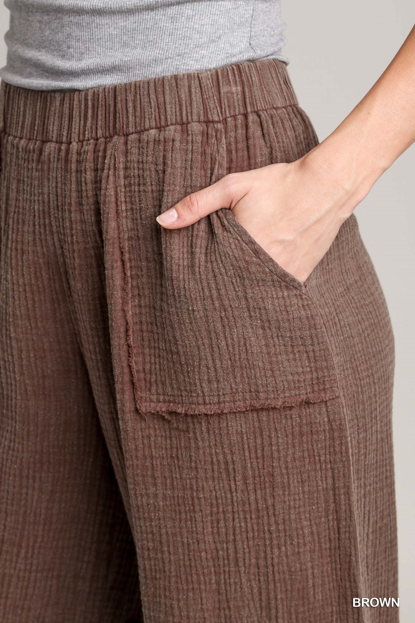 Umgee Mineral Wash Cotton Gauze Ruffle Trim Side Pockets Pants
