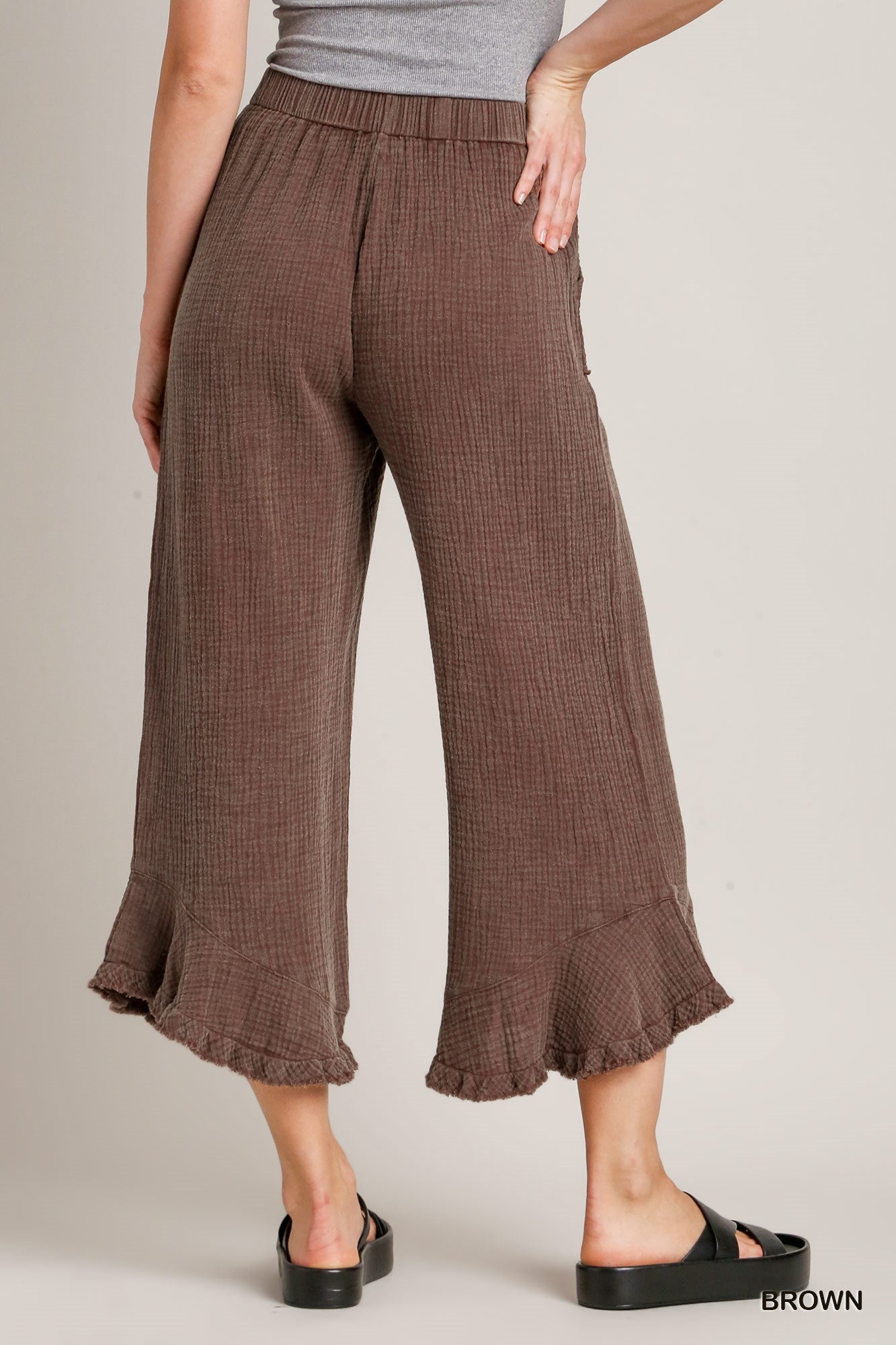 Umgee Mineral Wash Cotton Gauze Ruffle Trim Side Pockets Pants