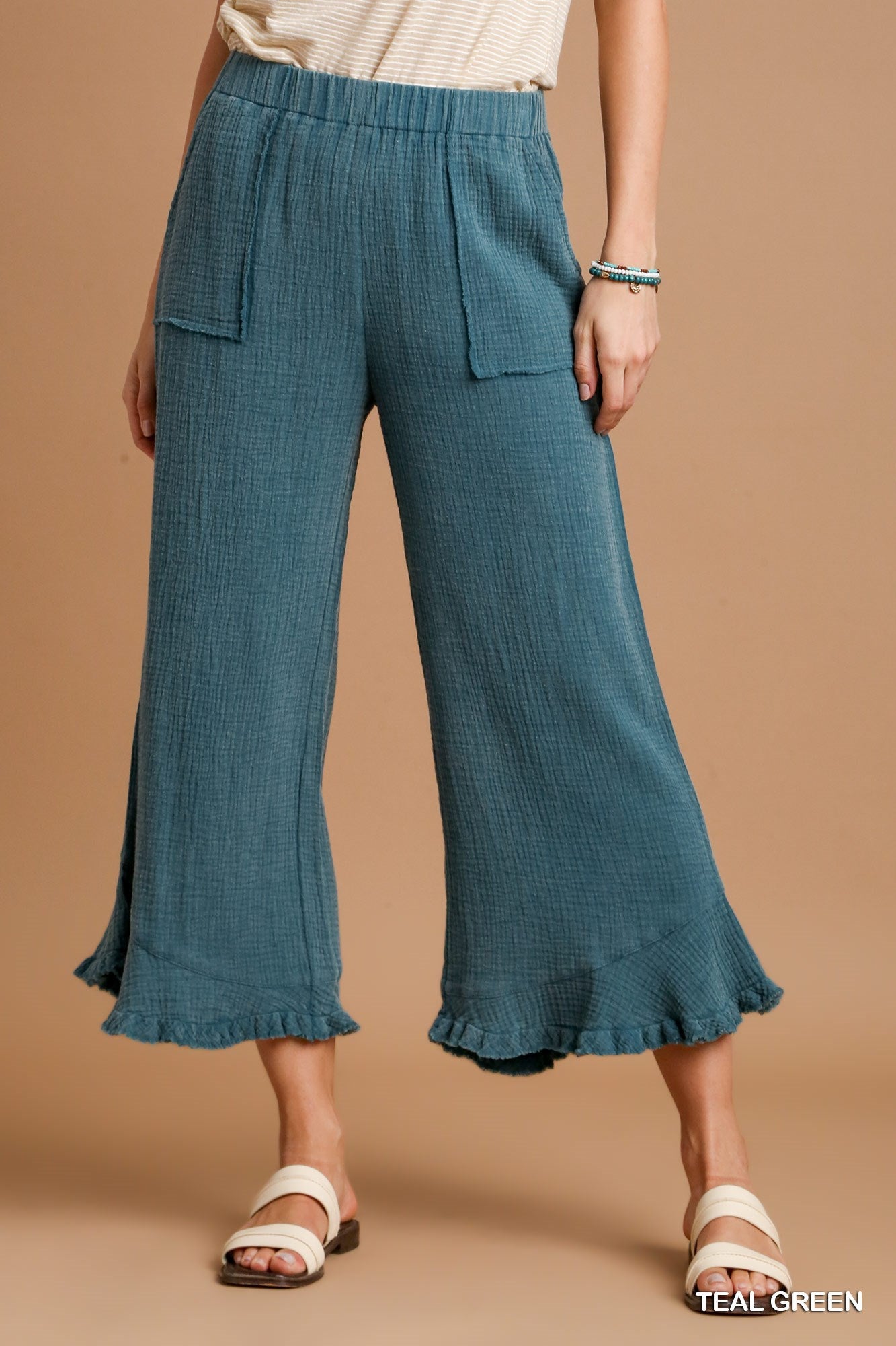 Umgee Mineral Wash Cotton Gauze Ruffle Trim Side Pockets Pants