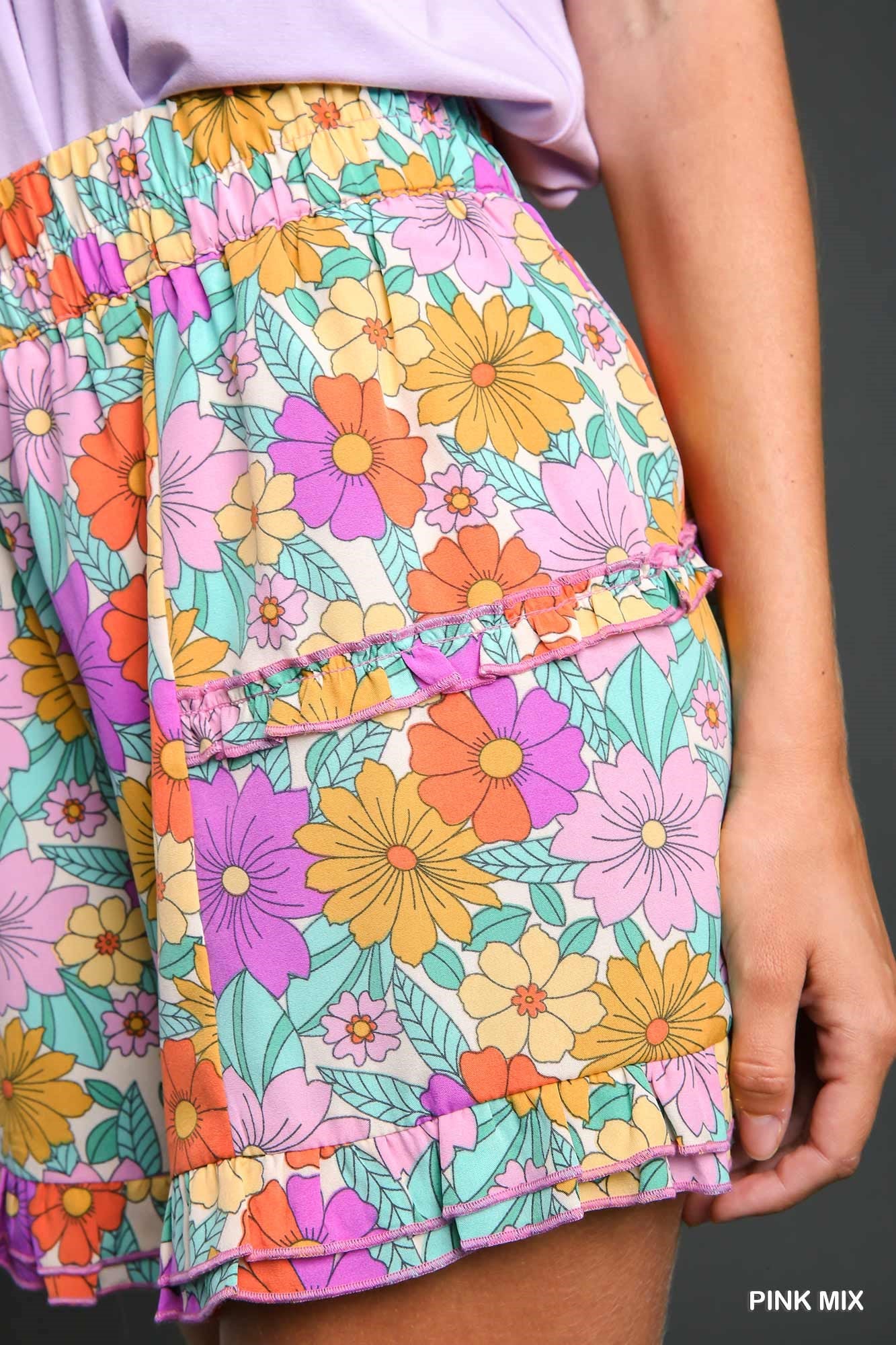 Umgee High Waisted Floral Elastic Waist Band Ruffle Trim Shorts