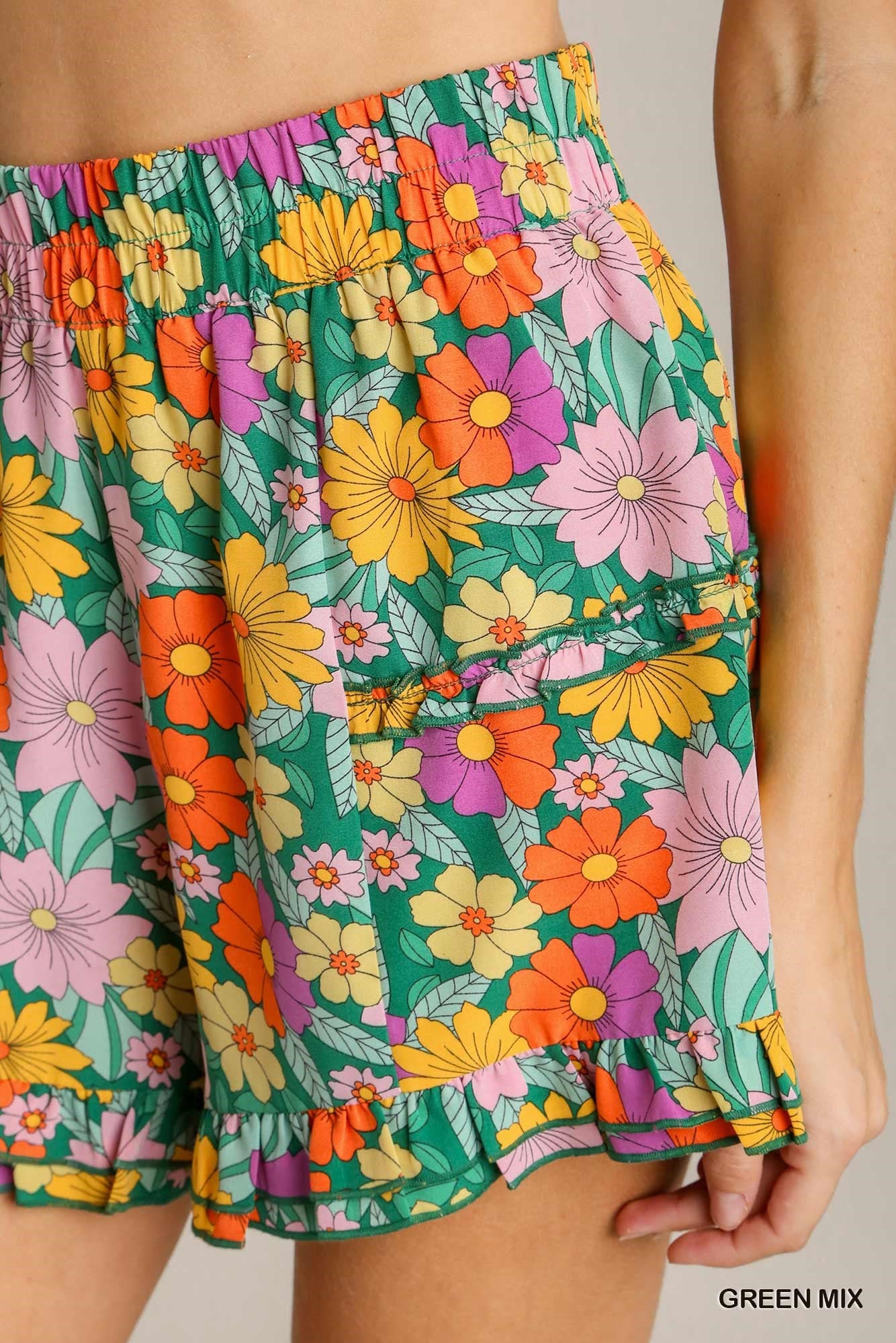 Umgee High Waisted Floral Elastic Waist Band Ruffle Trim Shorts