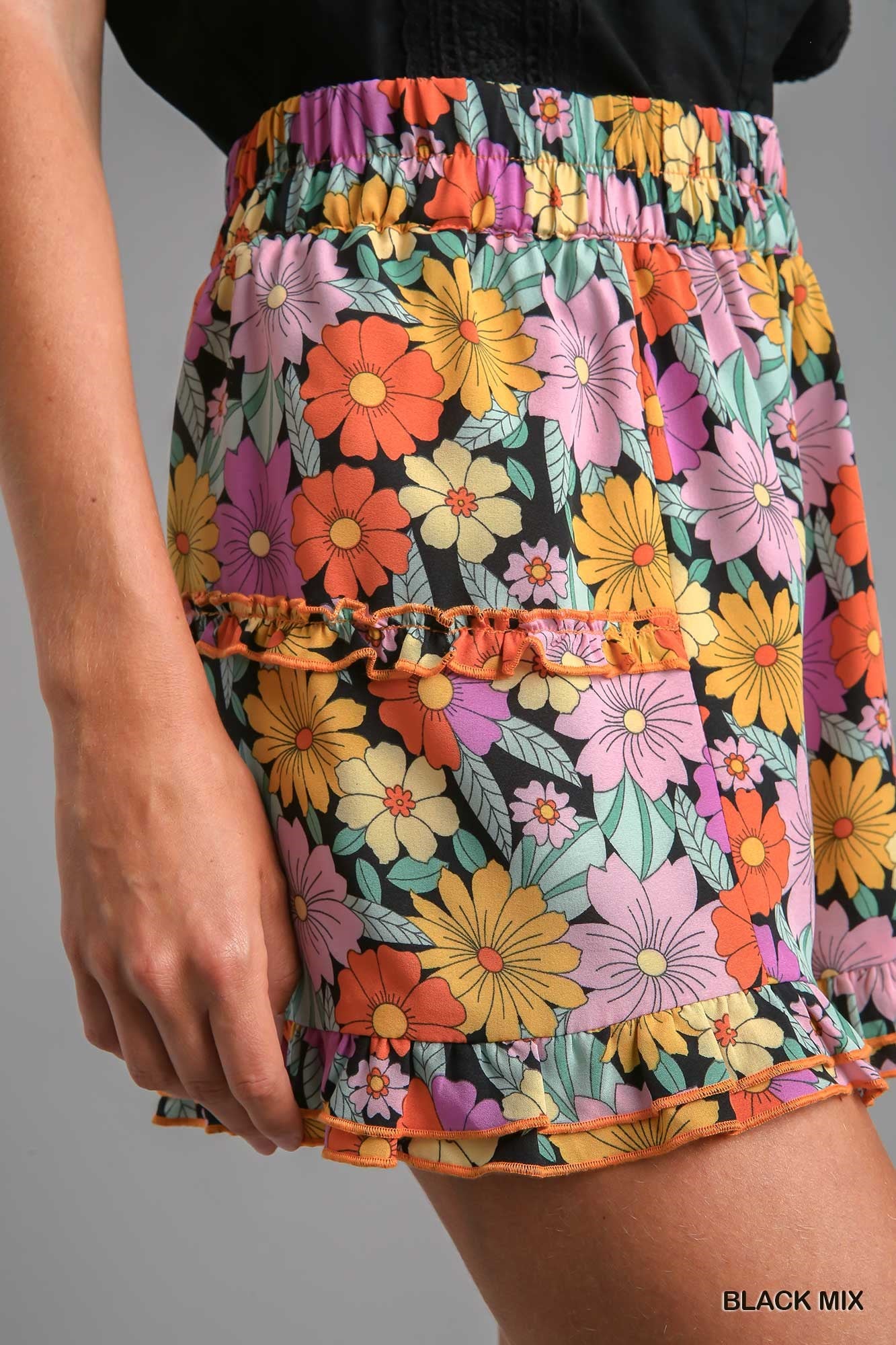 Umgee High Waisted Floral Elastic Waist Band Ruffle Trim Shorts