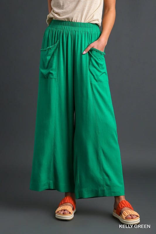 Umgee Washed Elastic Waisted Wide Linen Frayed Front Pocket Pants