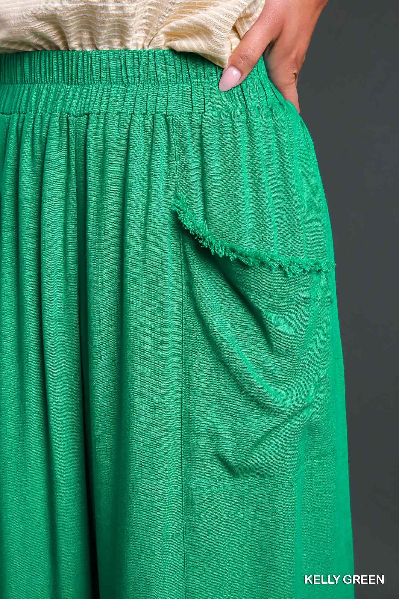 Umgee Washed Elastic Waisted Wide Linen Frayed Front Pocket Pants