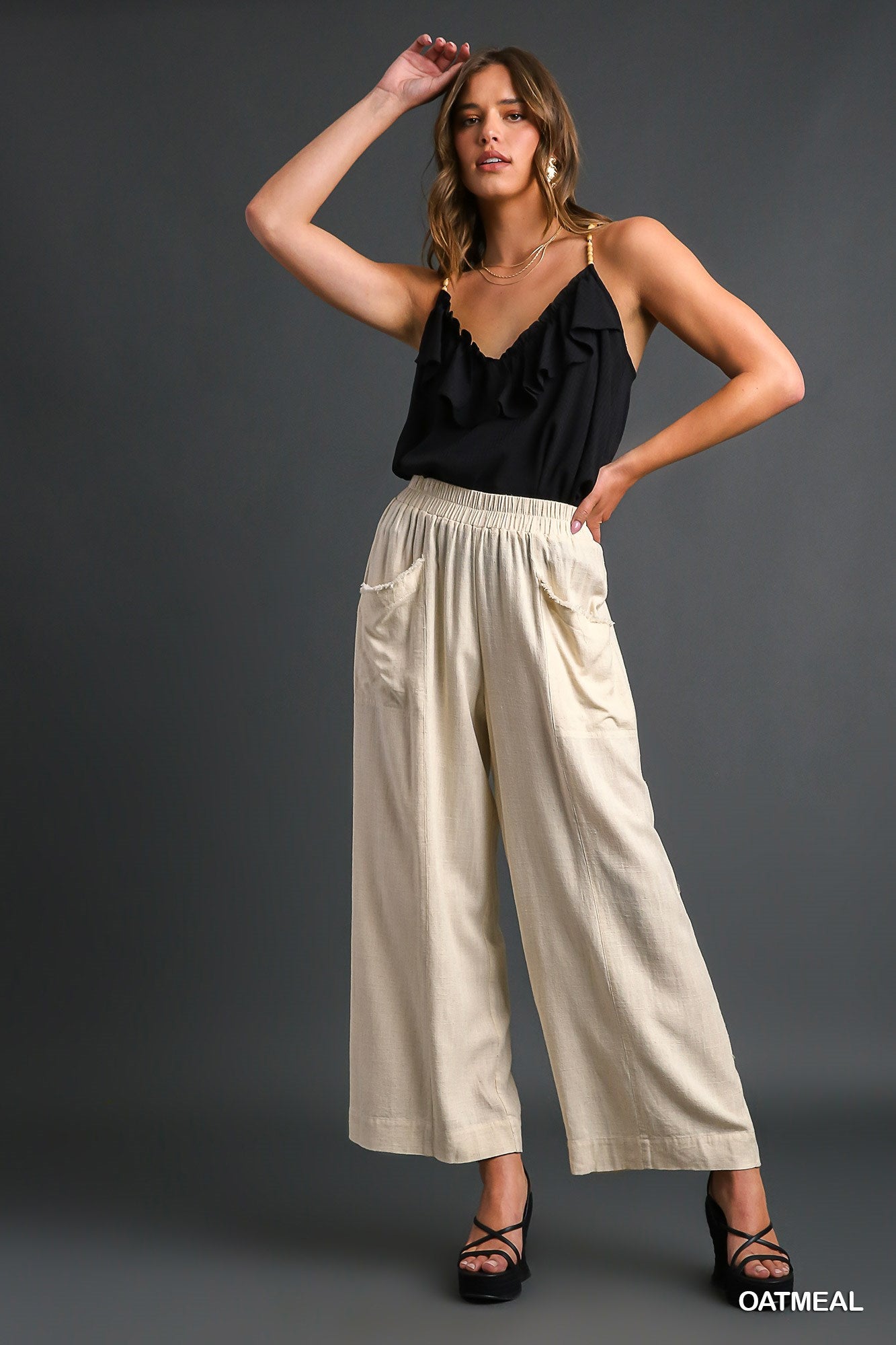 Umgee Washed Elastic Waisted Wide Linen Frayed Front Pocket Pants