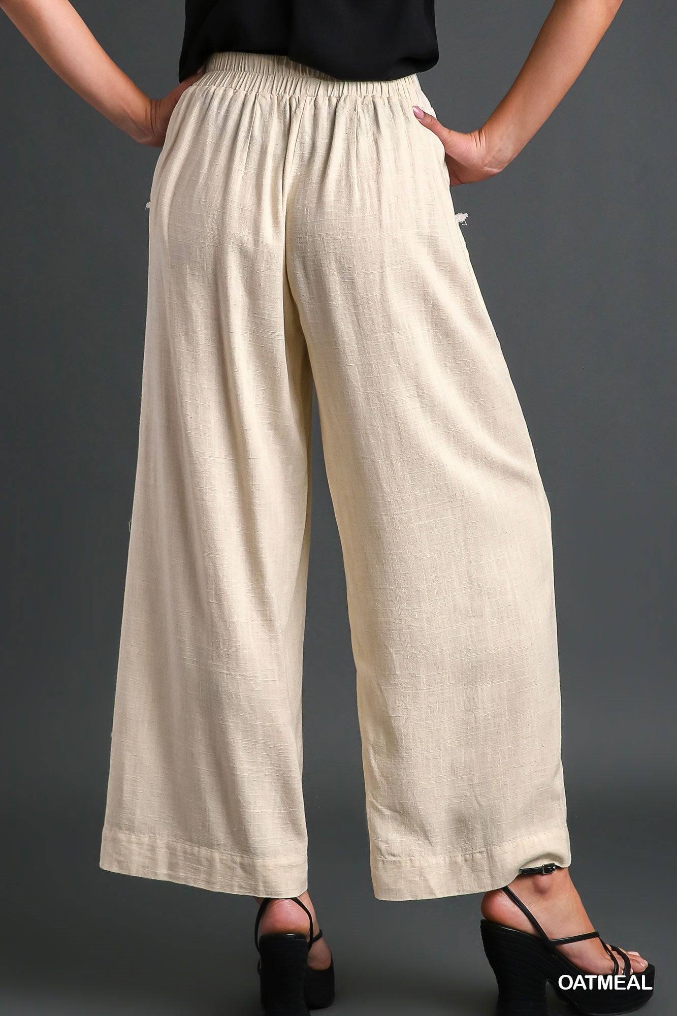 Umgee Washed Elastic Waisted Wide Linen Frayed Front Pocket Pants