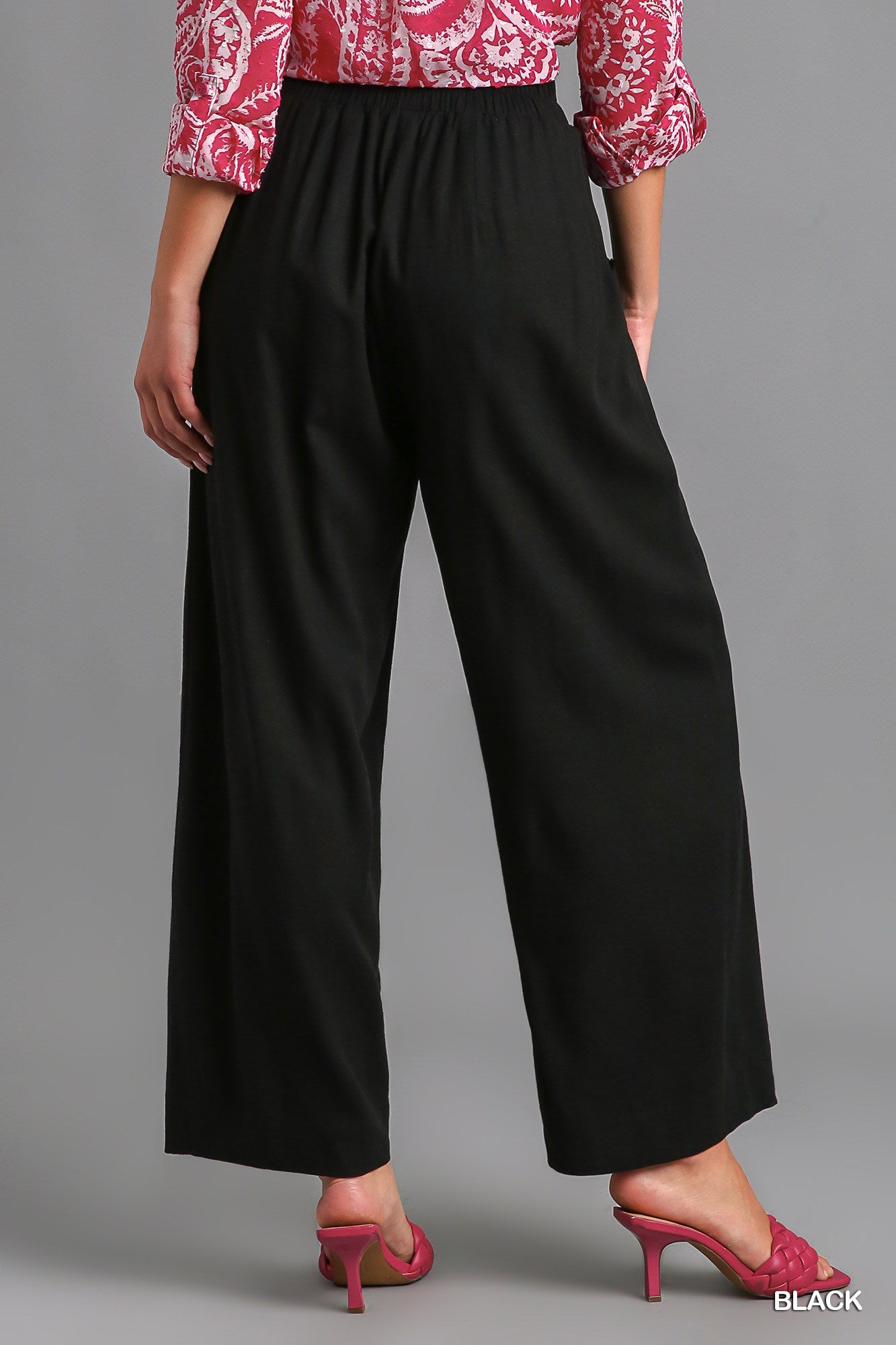 Umgee Washed Elastic Waisted Wide Linen Frayed Front Pocket Pants
