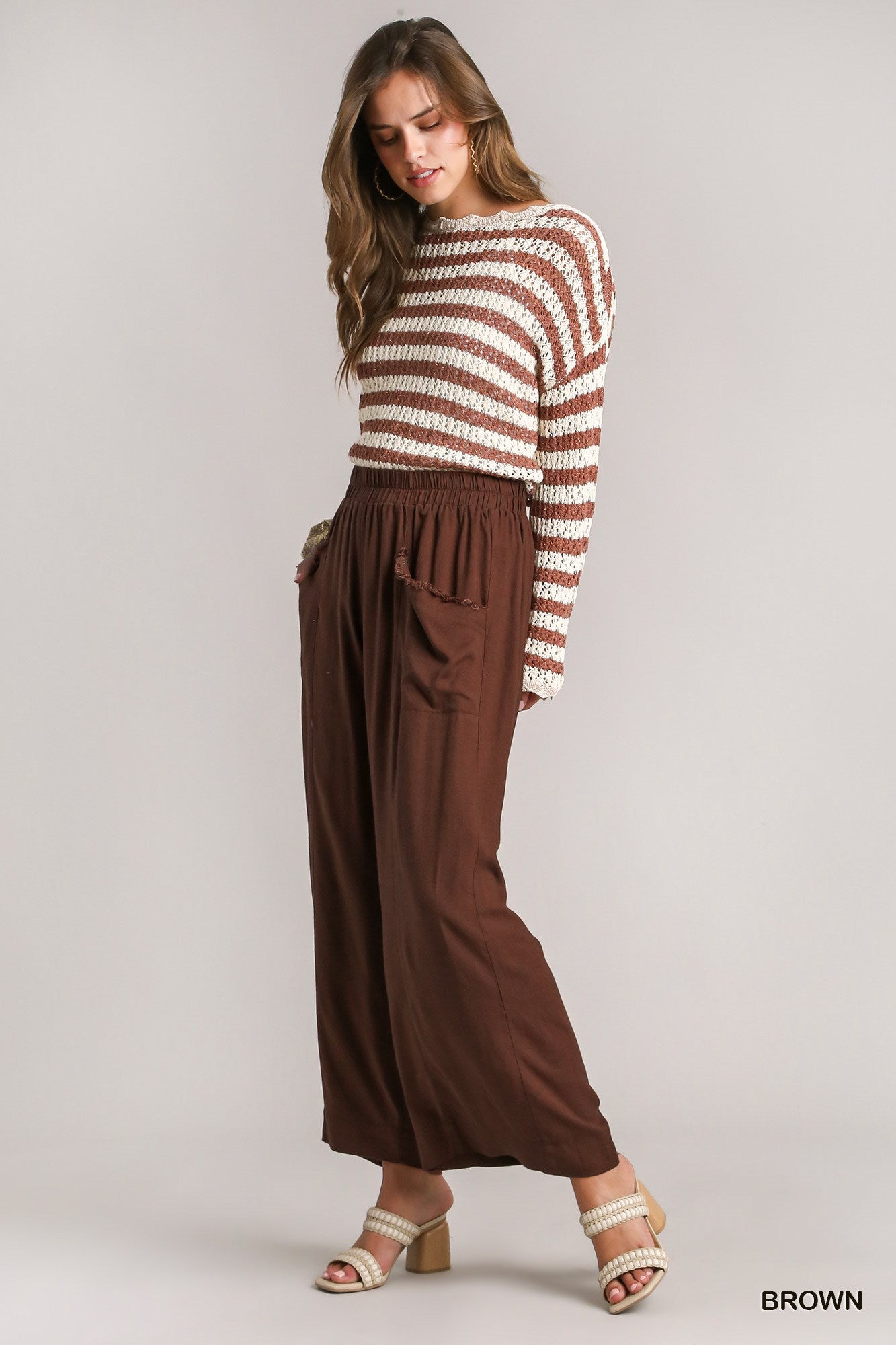 Umgee Washed Elastic Waisted Wide Linen Frayed Front Pocket Pants