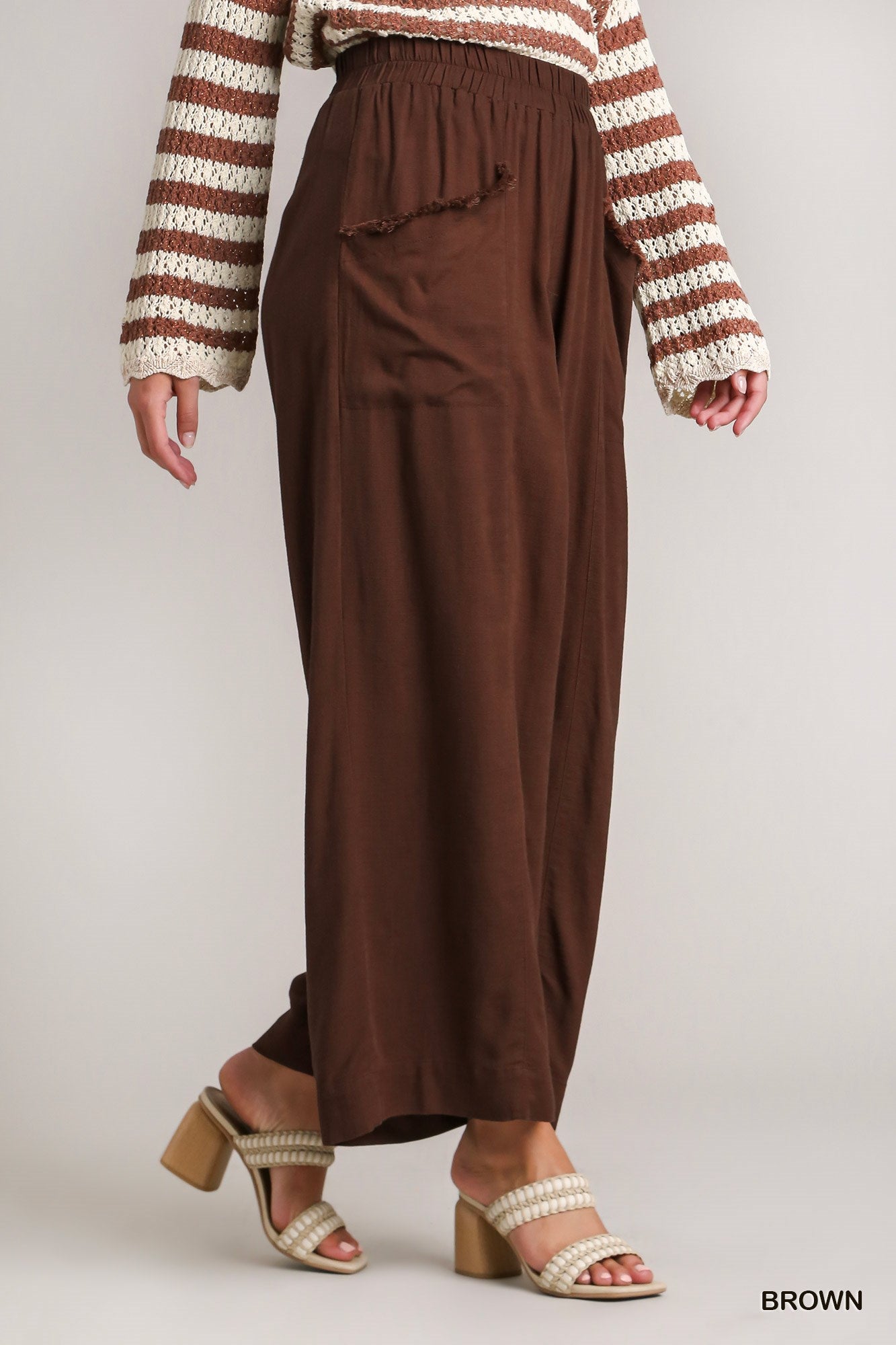 Umgee Washed Elastic Waisted Wide Linen Frayed Front Pocket Pants