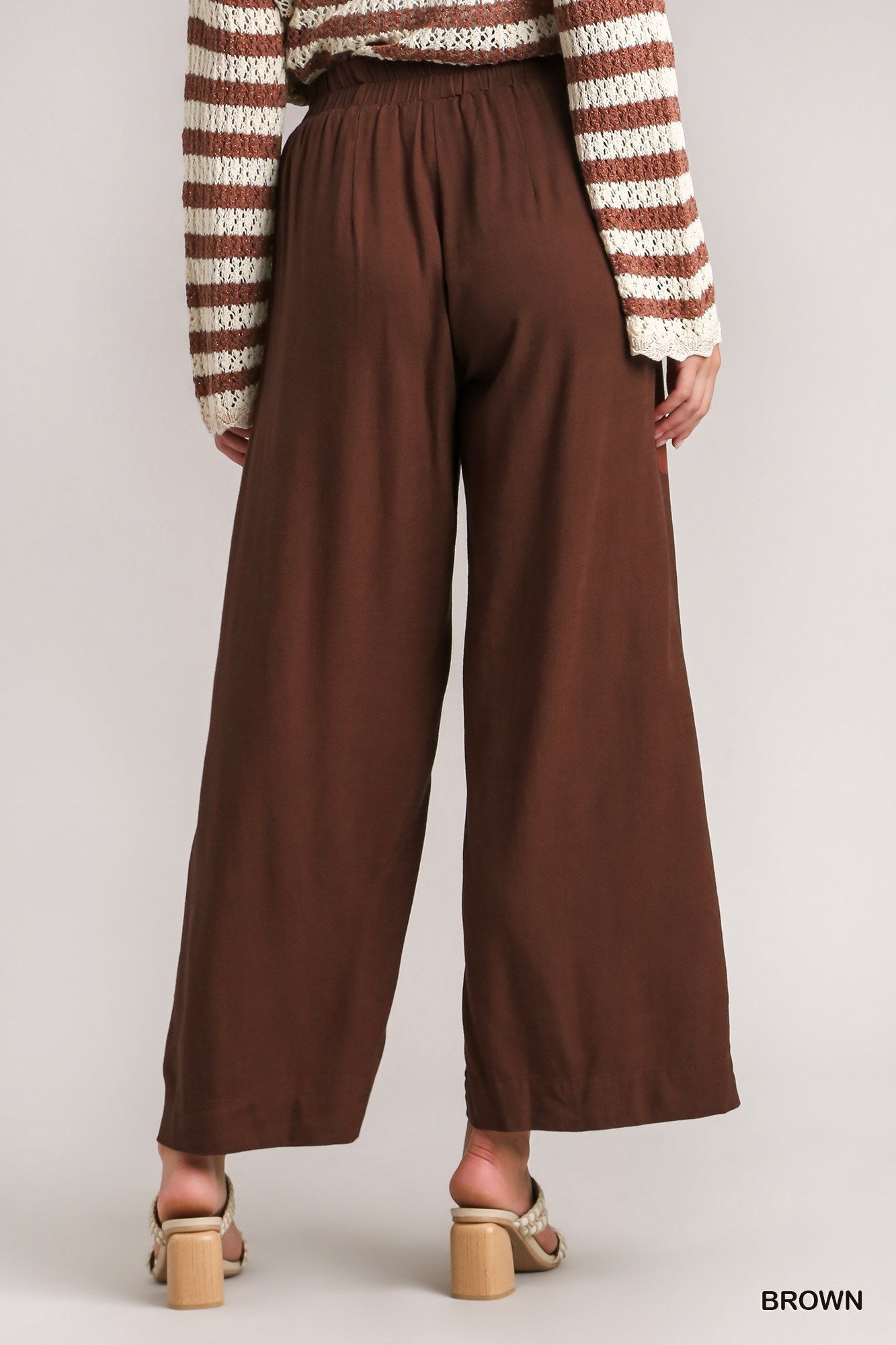 Umgee Washed Elastic Waisted Wide Linen Frayed Front Pocket Pants
