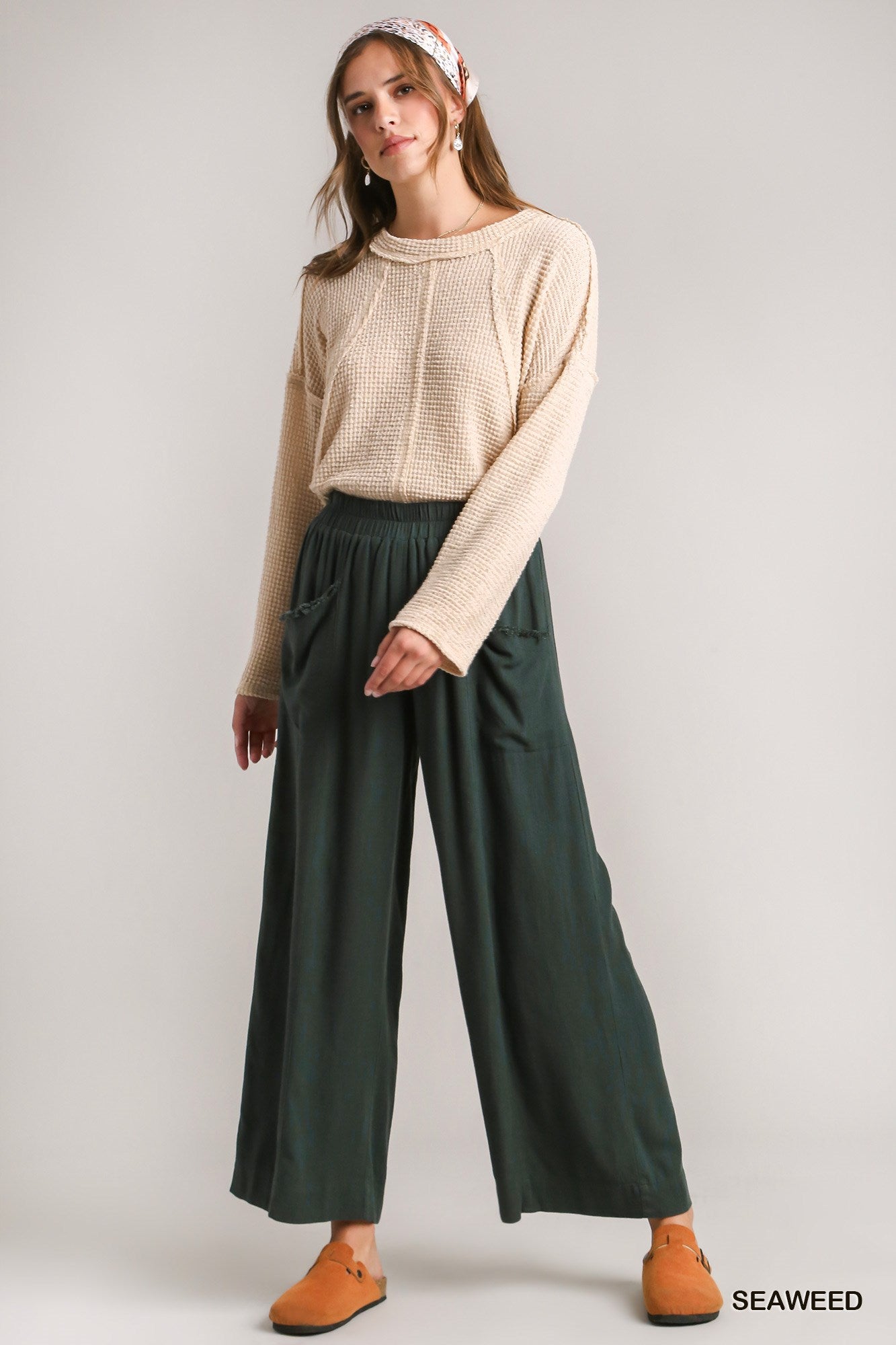 Umgee Washed Elastic Waisted Wide Linen Frayed Front Pocket Pants