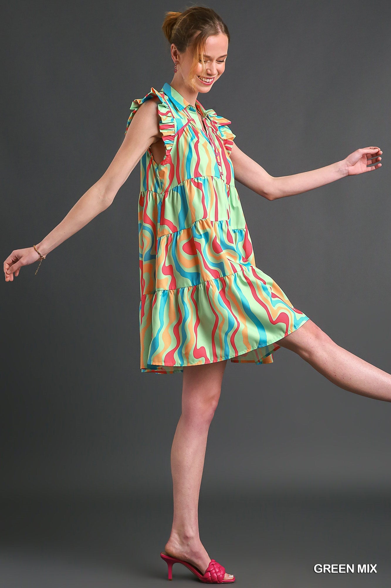 Umgee Mix Abstract Print Tiered Button Detail Dress - Roulhac Fashion Boutique